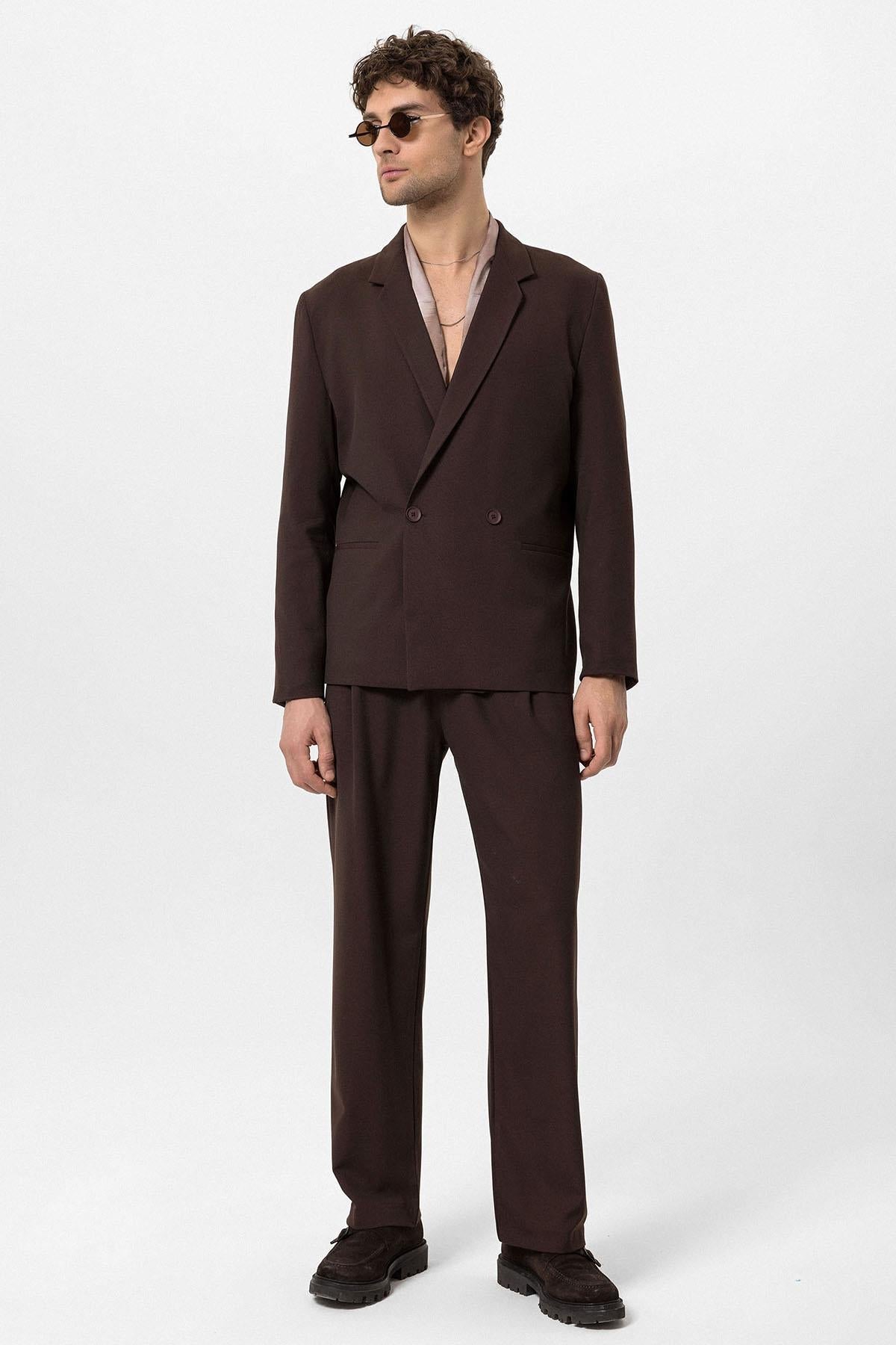 Men's Brown Single-Button Double-Breasted Blazer