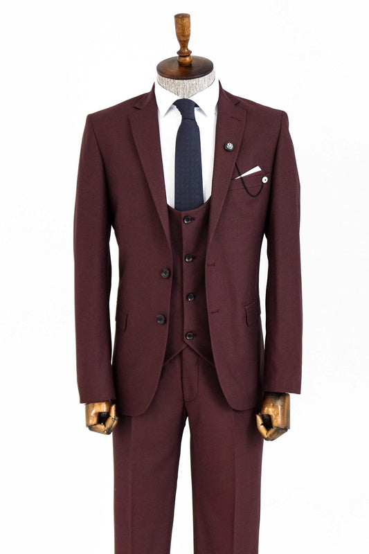 Burgundy Slim Fit Men's Suit with Vest