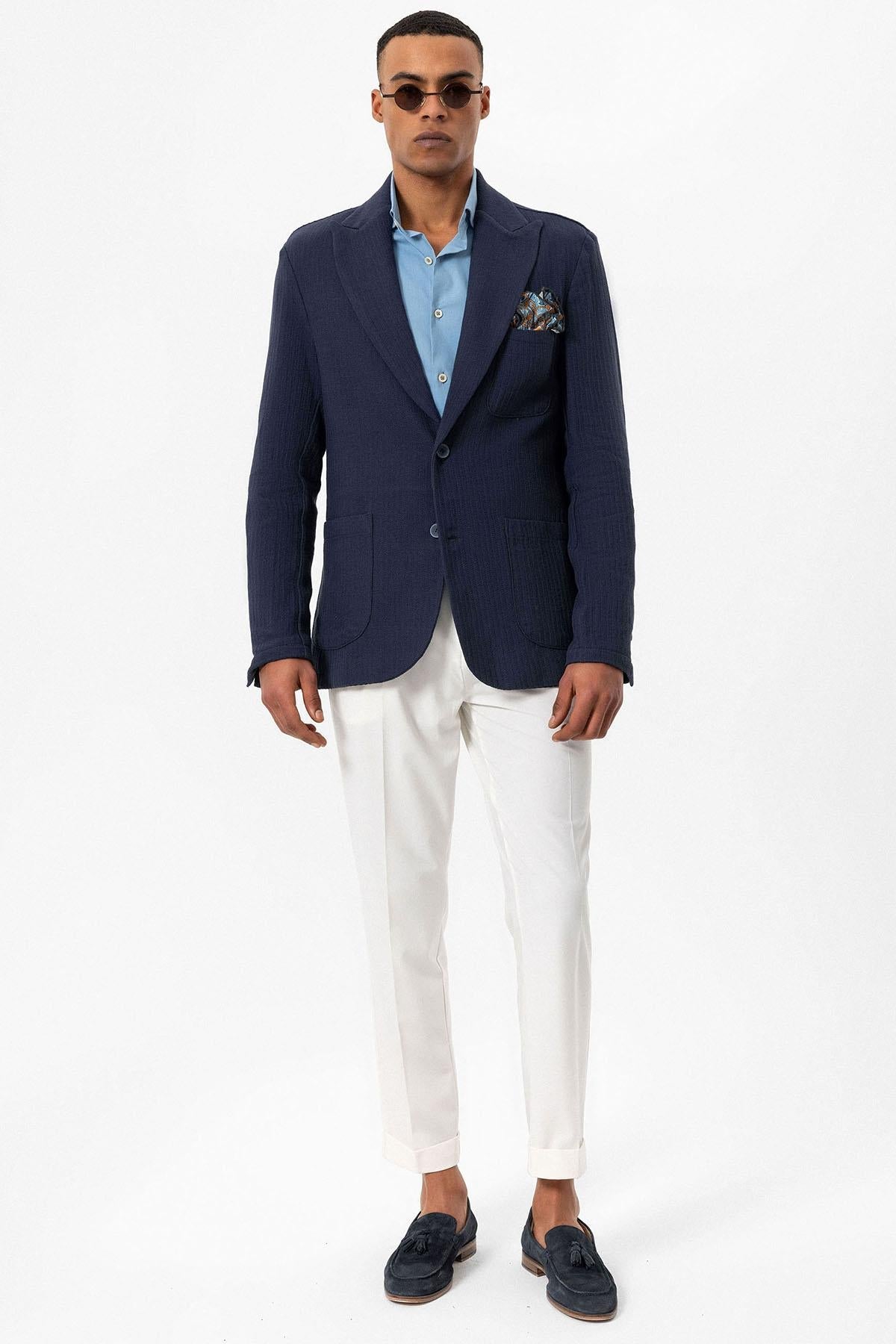 KOALA SYDNEY Men's Navy Blue Pocketed Plain Blazer Jacket