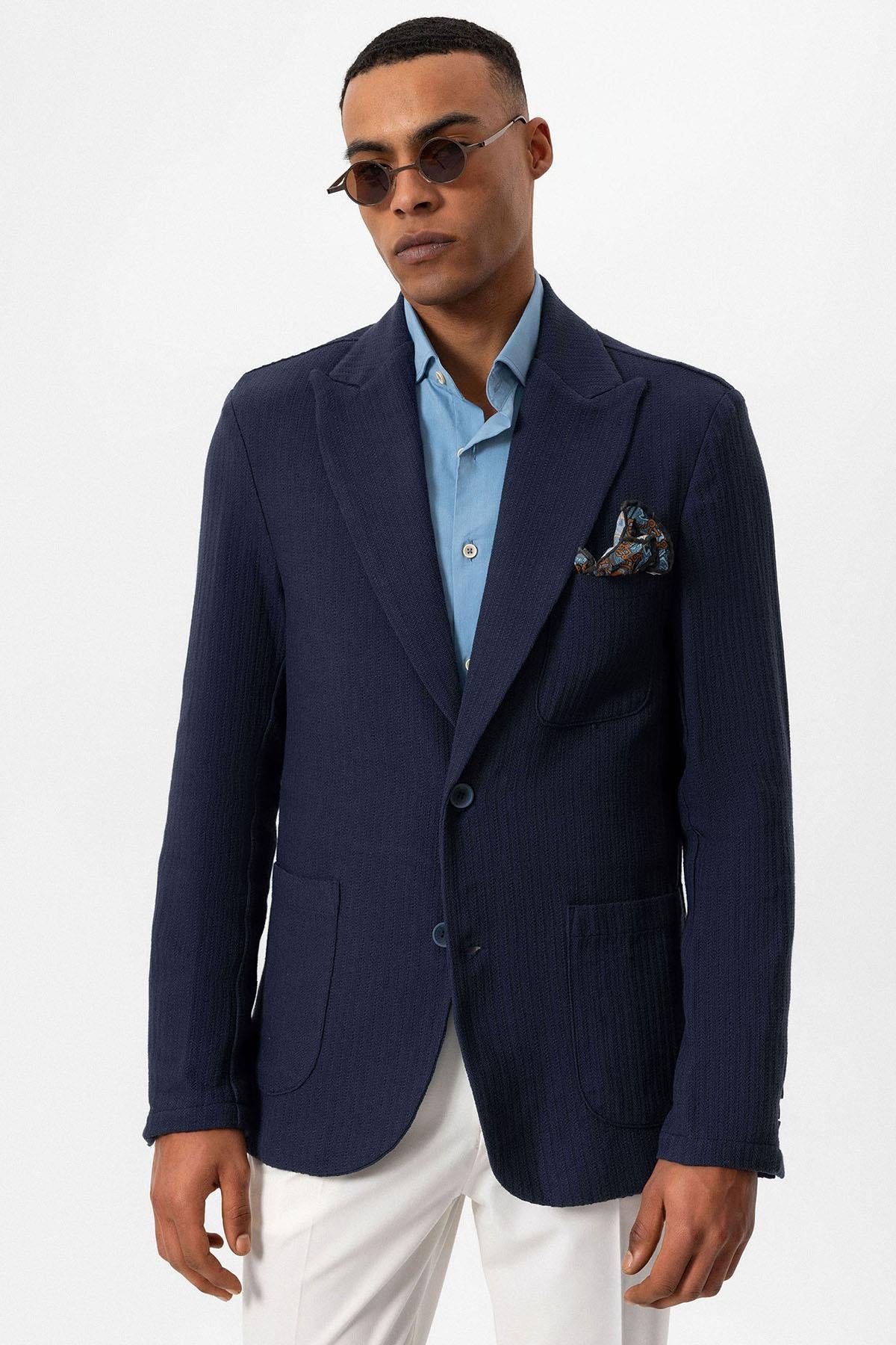 KOALA SYDNEY Men's Navy Blue Pocketed Plain Blazer Jacket