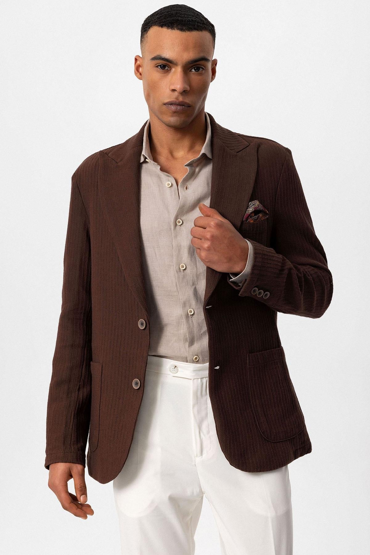 Men's Brown Pocketed Plain Blazer Jacket