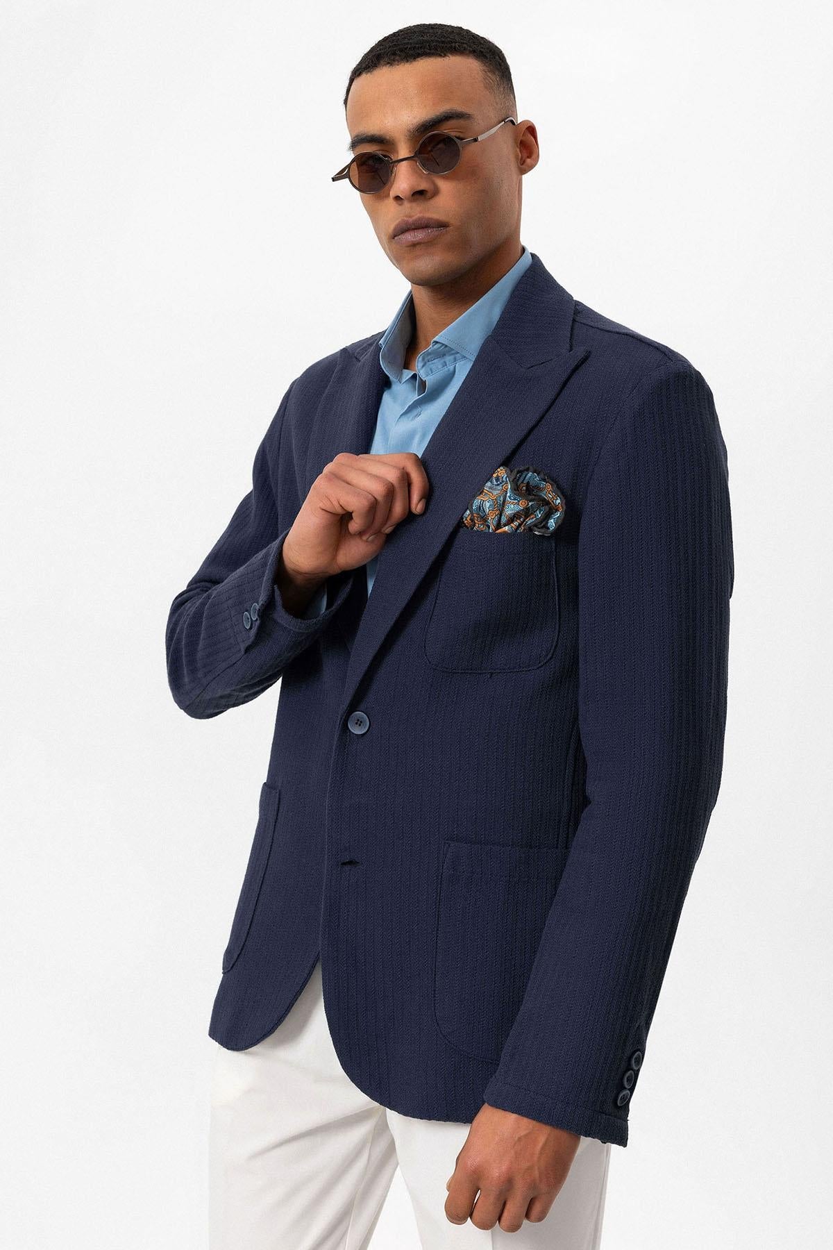 Men's Navy Blue Pocketed Plain Blazer Jacket