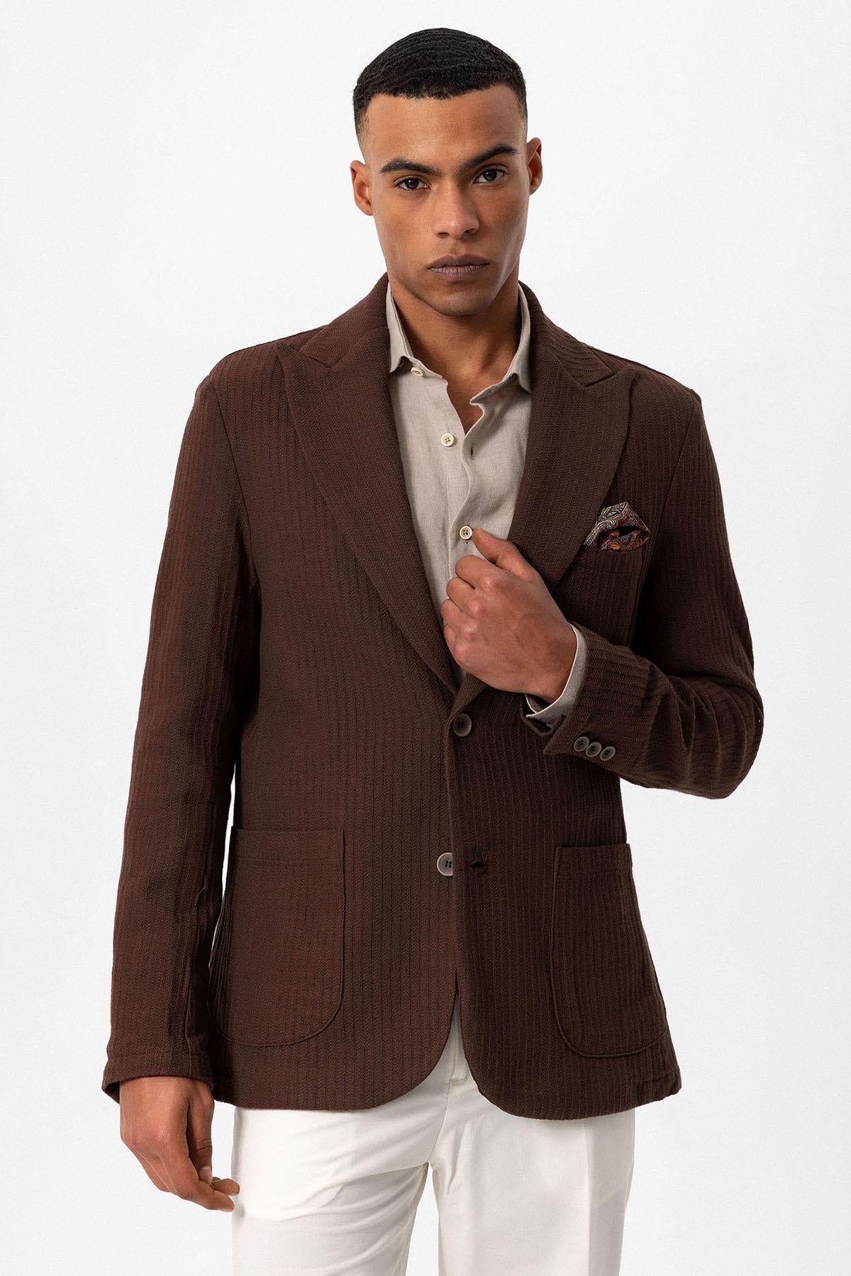 Men's Brown Pocketed Plain Blazer Jacket