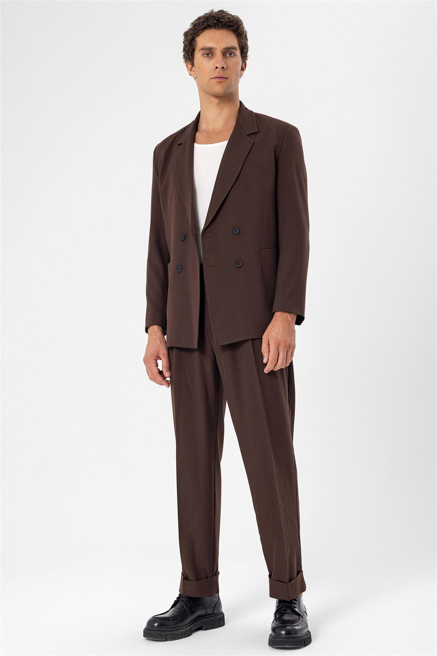 Men's Brown Double Breasted Blazer Jacket with Bag Pocket