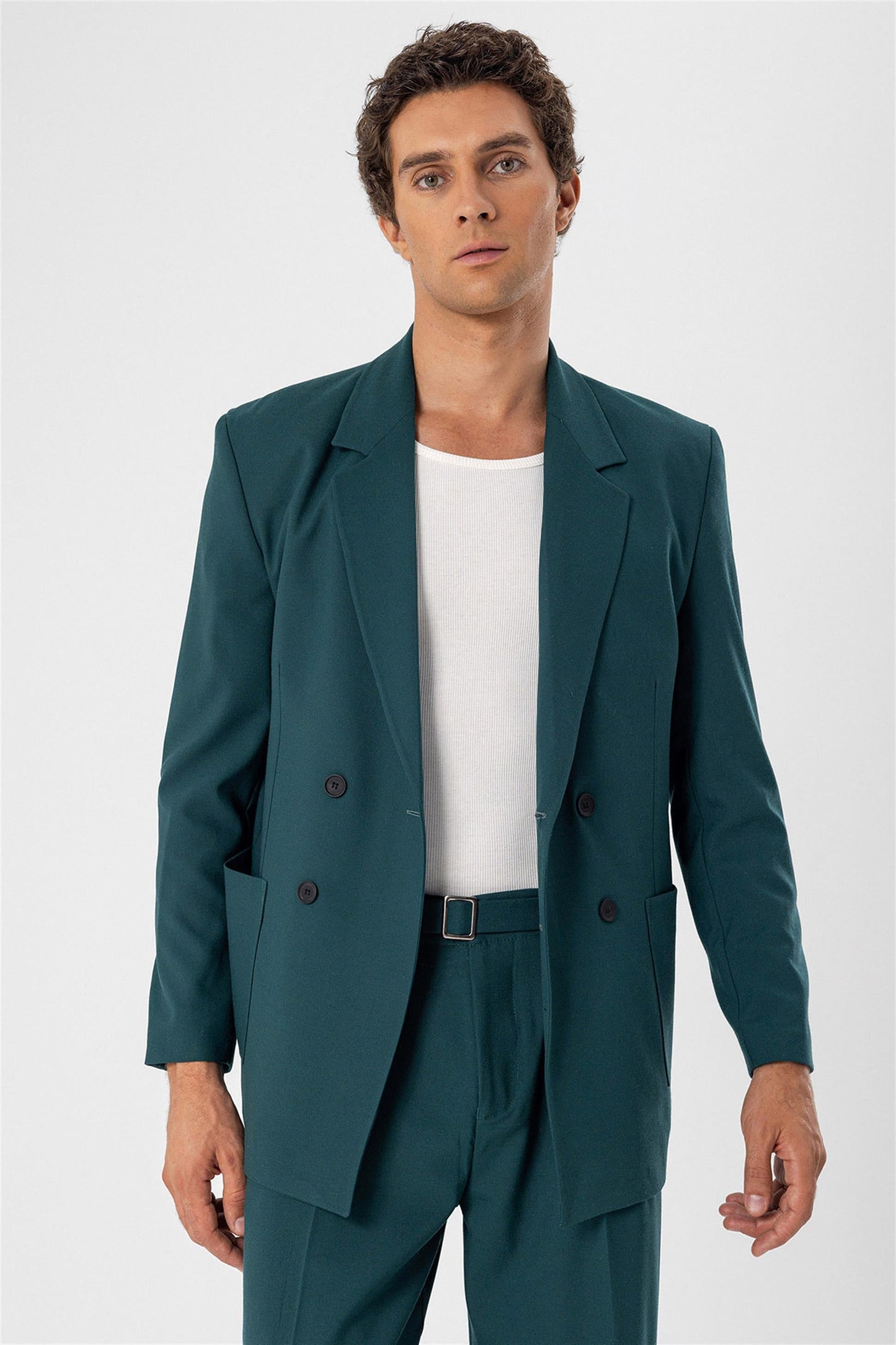 Men's Green Double Breasted Blazer Jacket with Bag Pocket