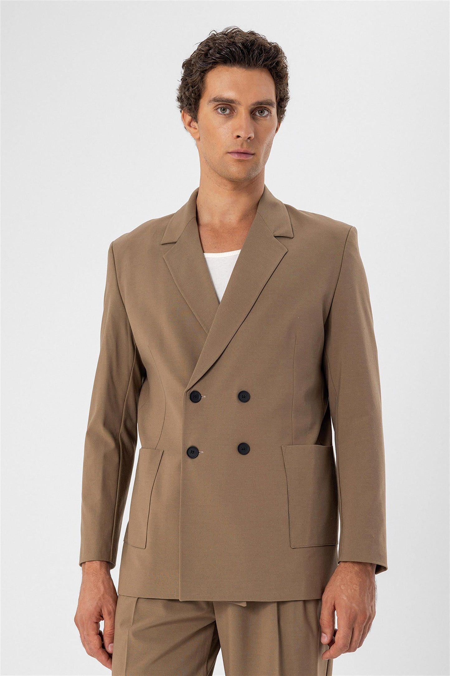 KOALA SYDNEY Men's Camel Double Breasted Blazer Jacket with Bag Pocket