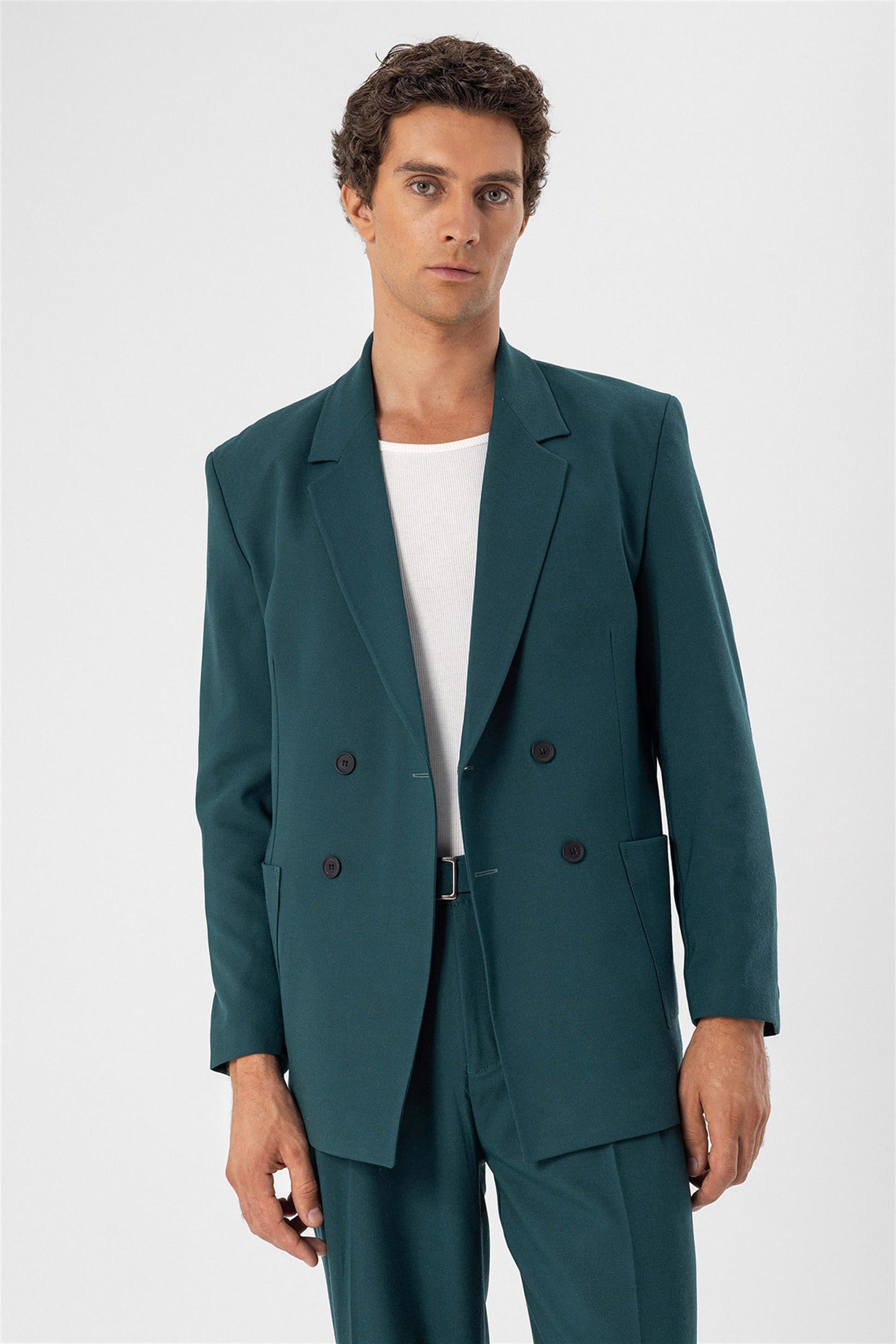 Men's Green Double Breasted Blazer Jacket with Bag Pocket