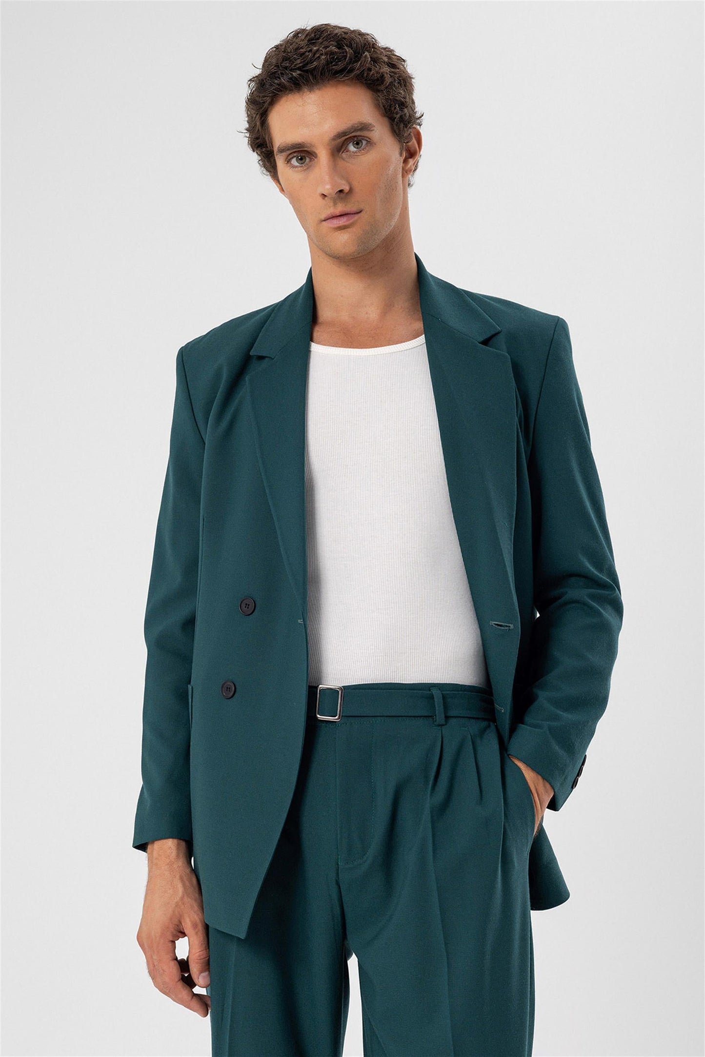 Men's Green Double Breasted Blazer Jacket with Bag Pocket