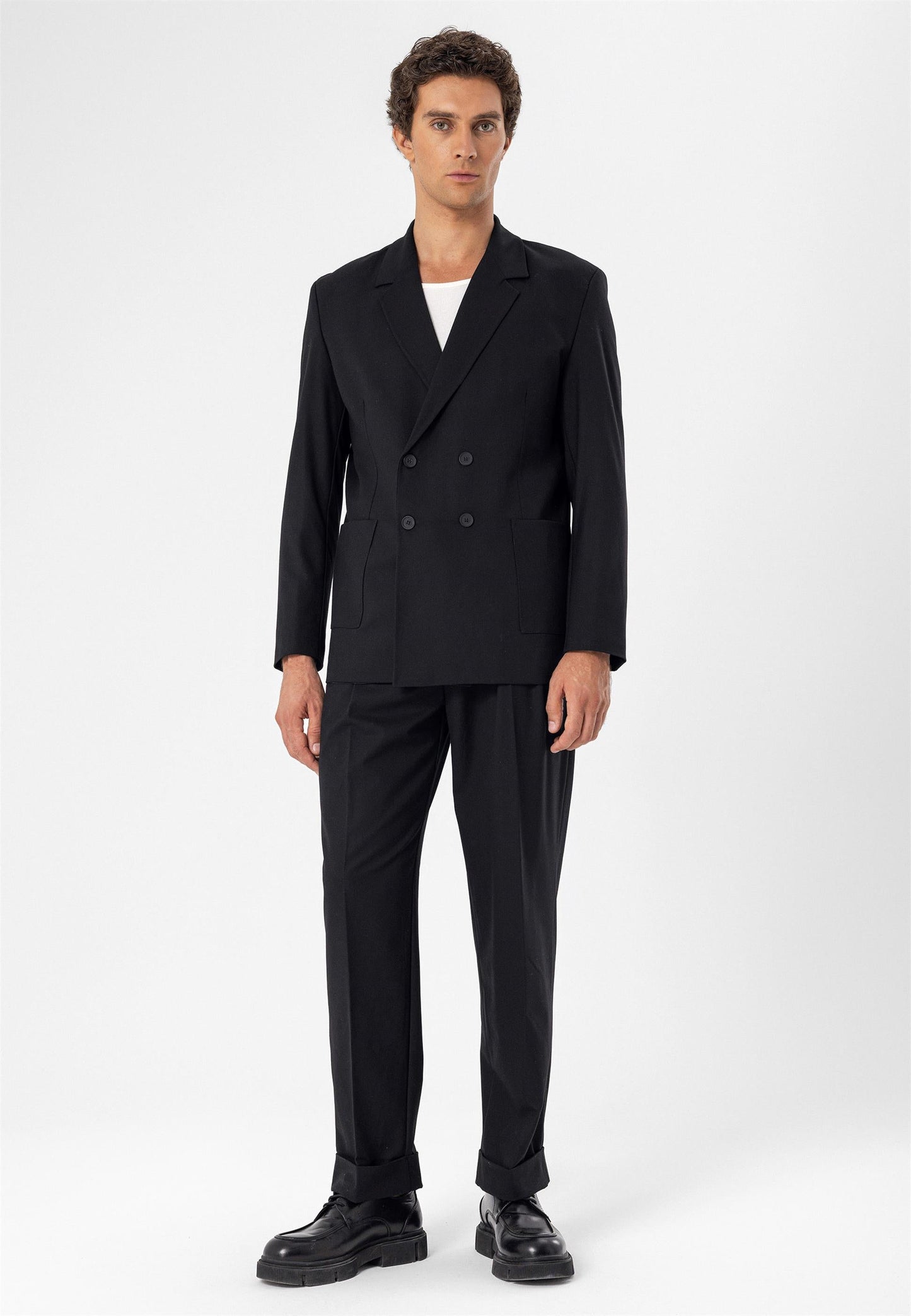 Men's Black Double Breasted Blazer Jacket with Bag Pocket