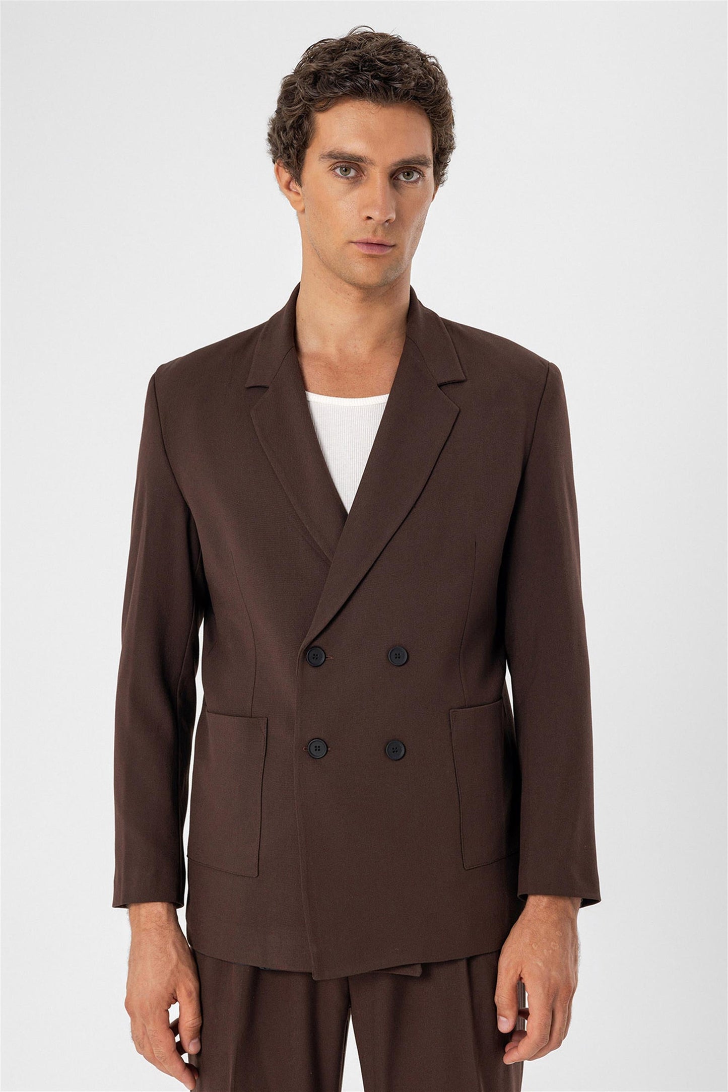 Men's Brown Double Breasted Blazer Jacket with Bag Pocket