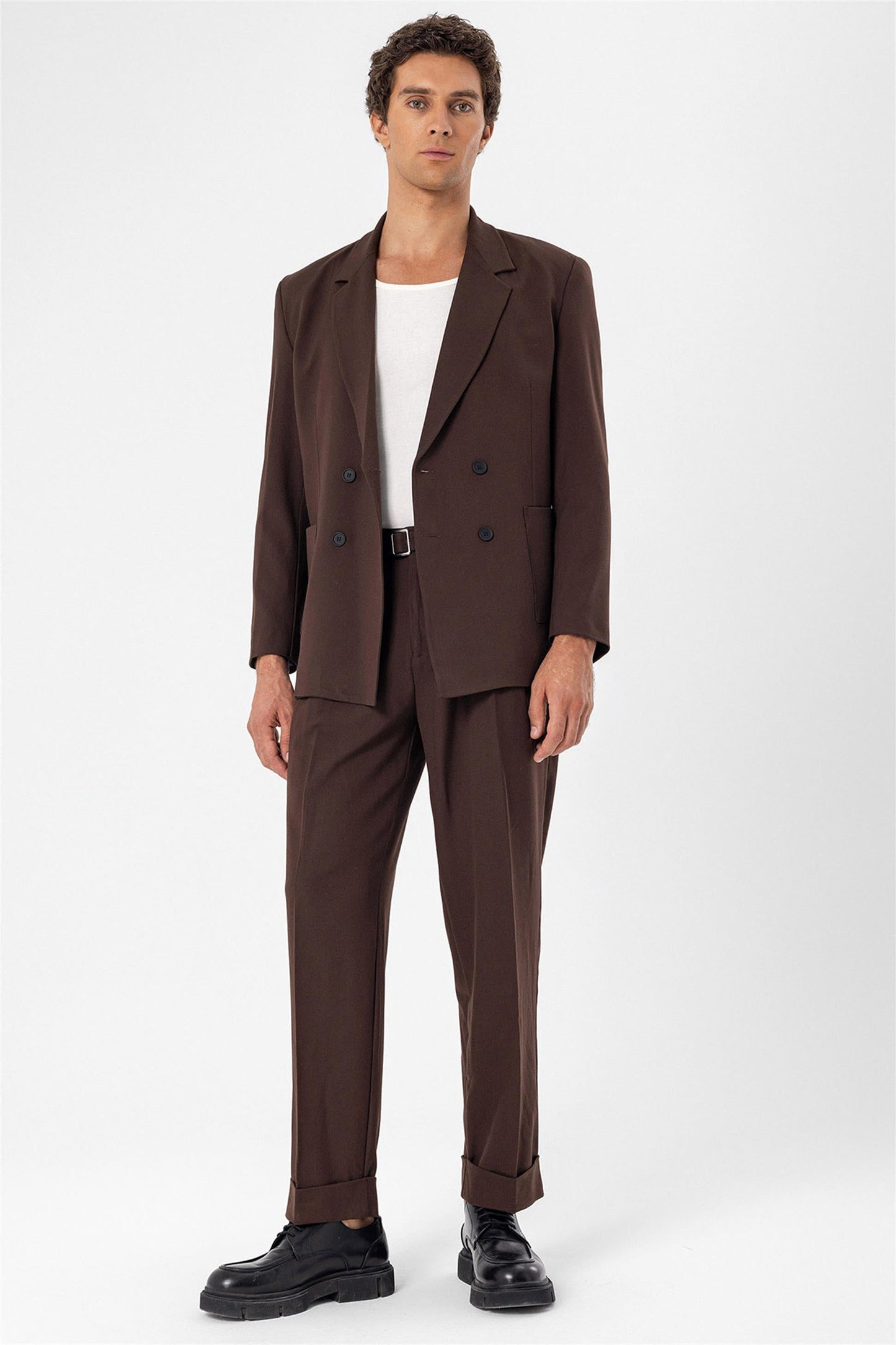 Men's Brown Double Breasted Blazer Jacket with Bag Pocket