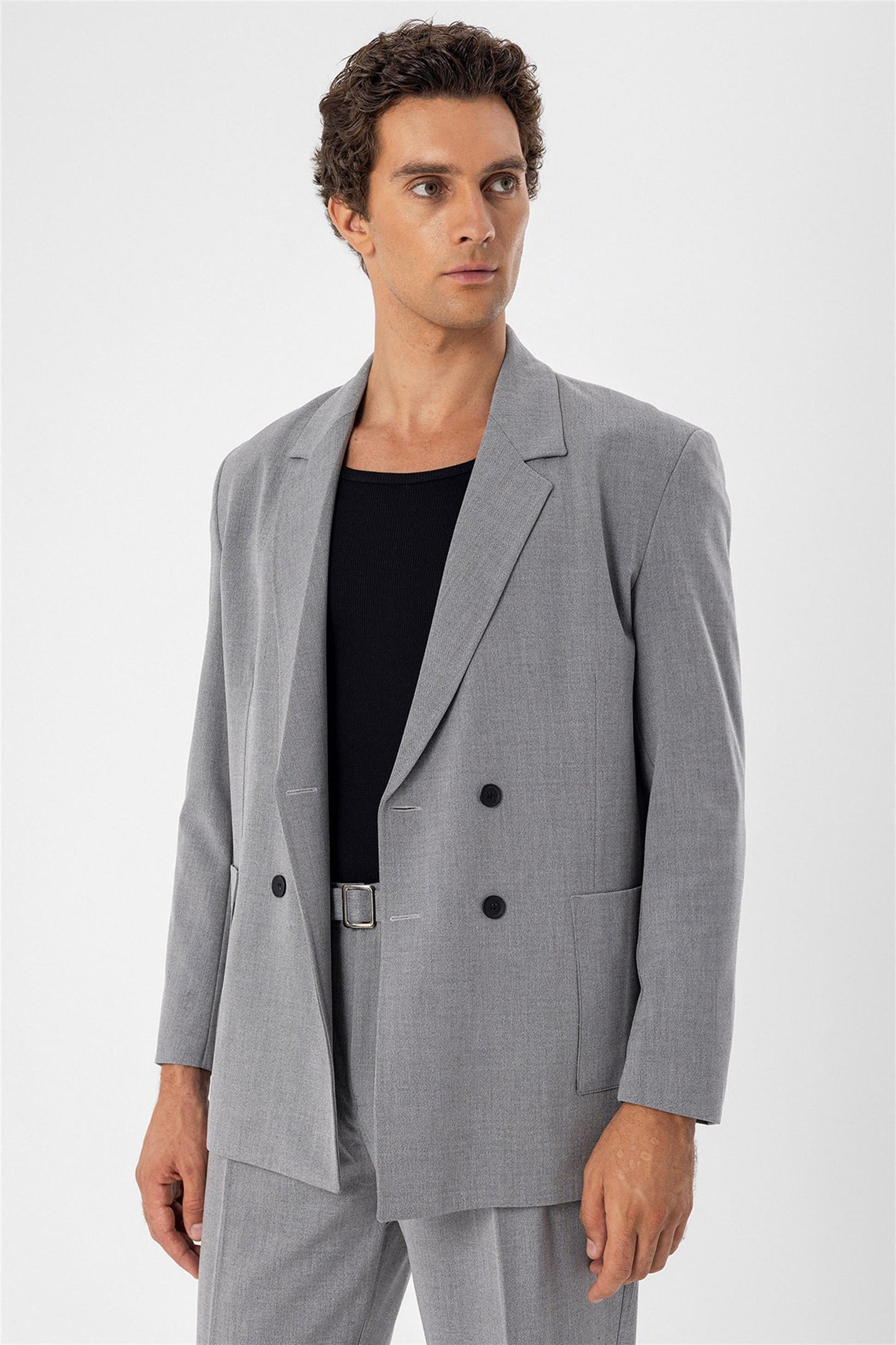 KOALA SYDNEY Men's Grey Double Breasted Blazer Jacket with Bag Pocket