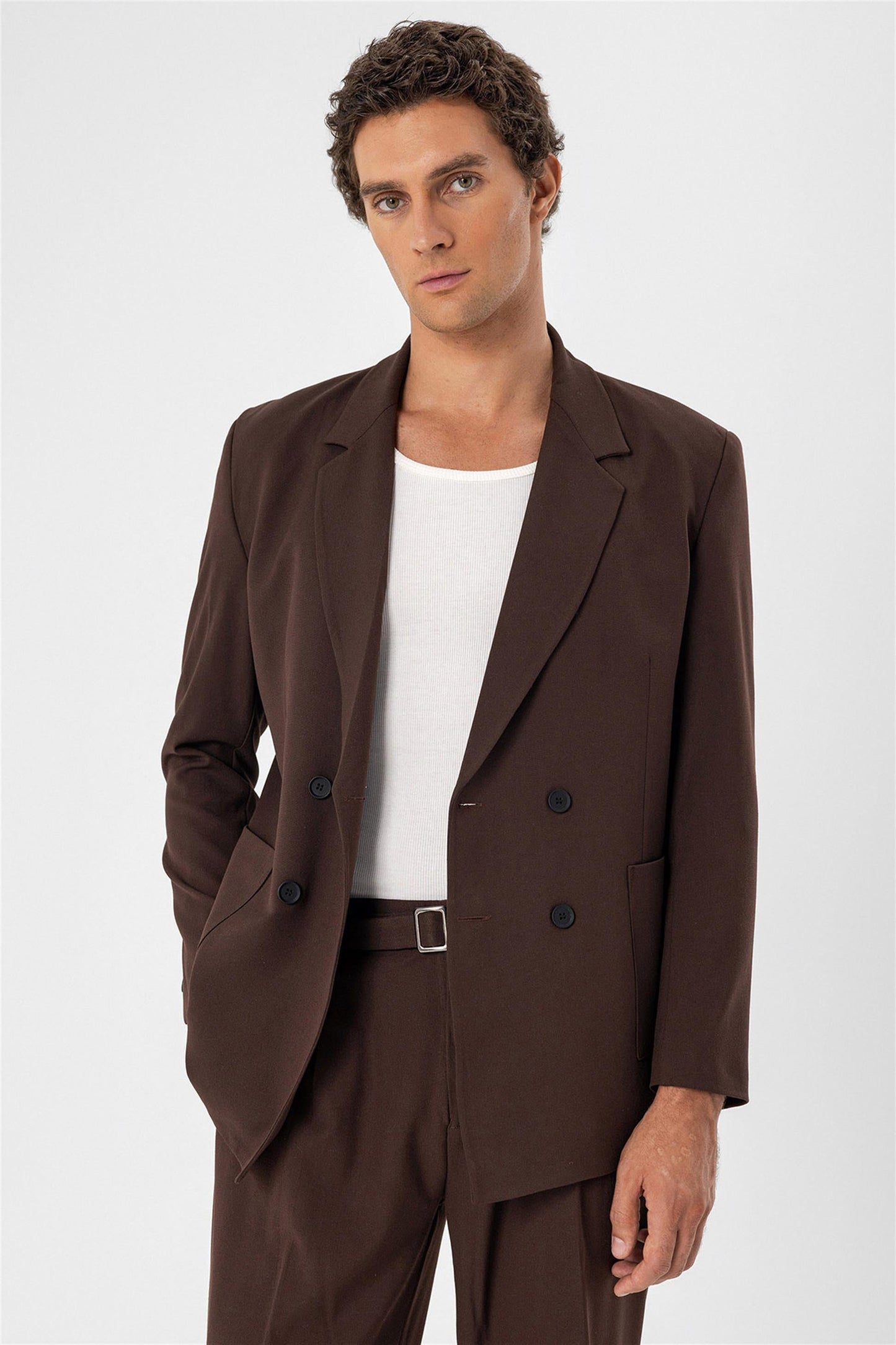 Men's Brown Double Breasted Blazer Jacket with Bag Pocket
