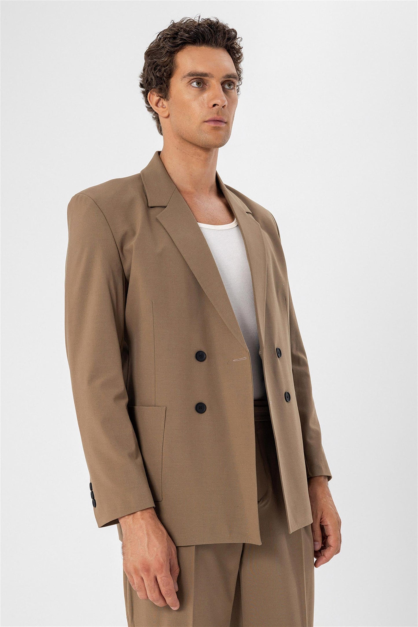 KOALA SYDNEY Men's Camel Double Breasted Blazer Jacket with Bag Pocket