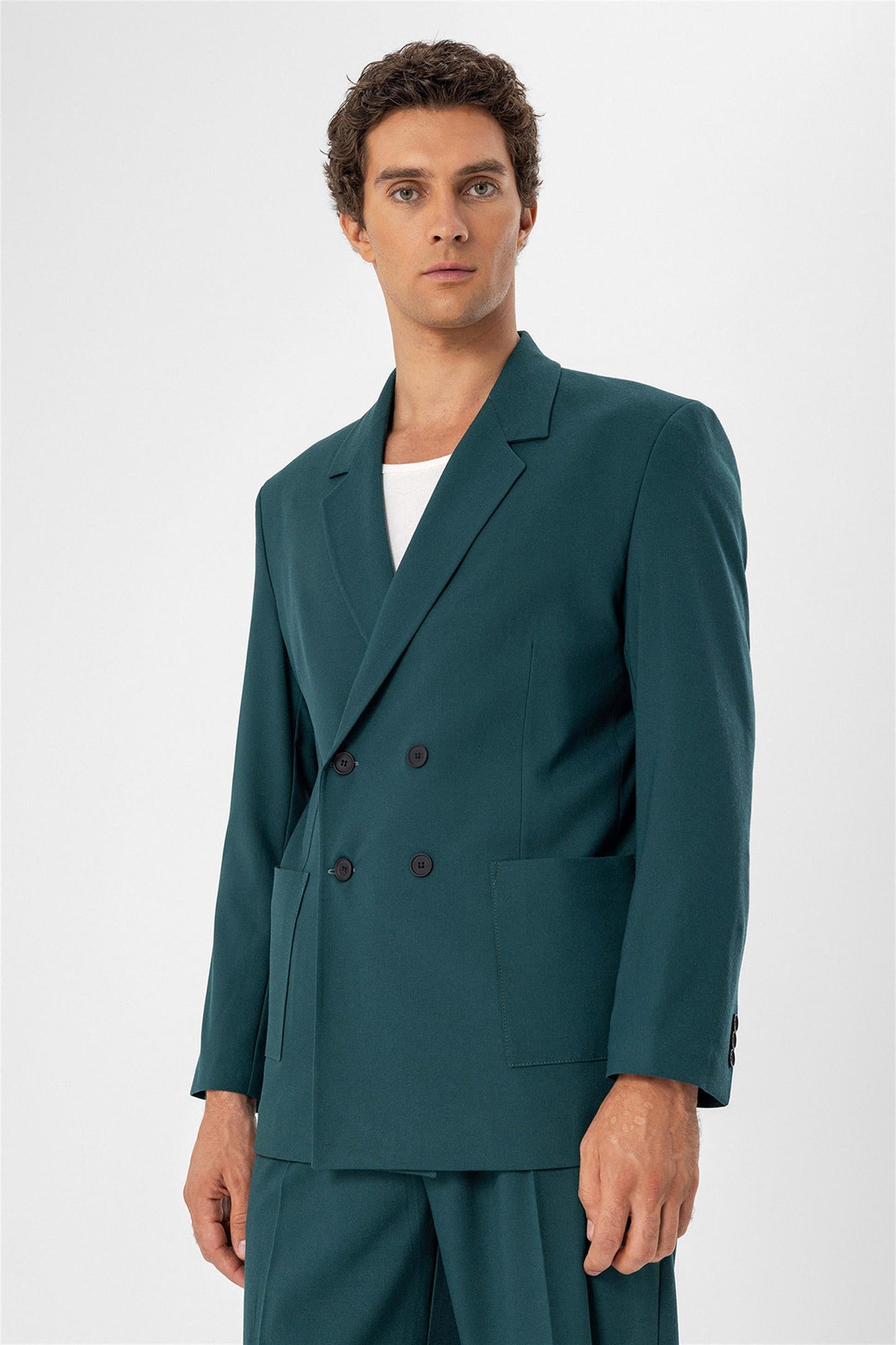 Men's Green Double Breasted Blazer Jacket with Bag Pocket