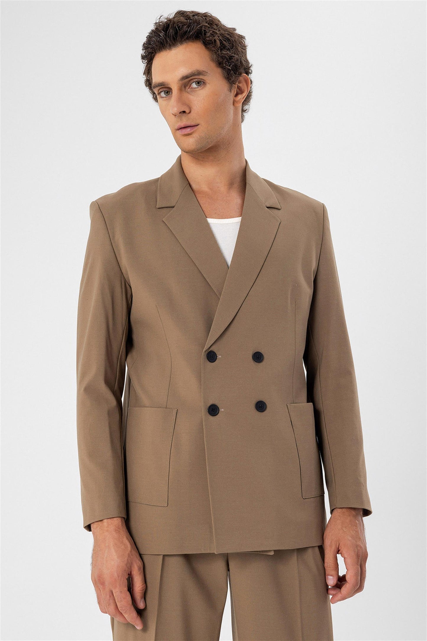 KOALA SYDNEY Men's Camel Double Breasted Blazer Jacket with Bag Pocket