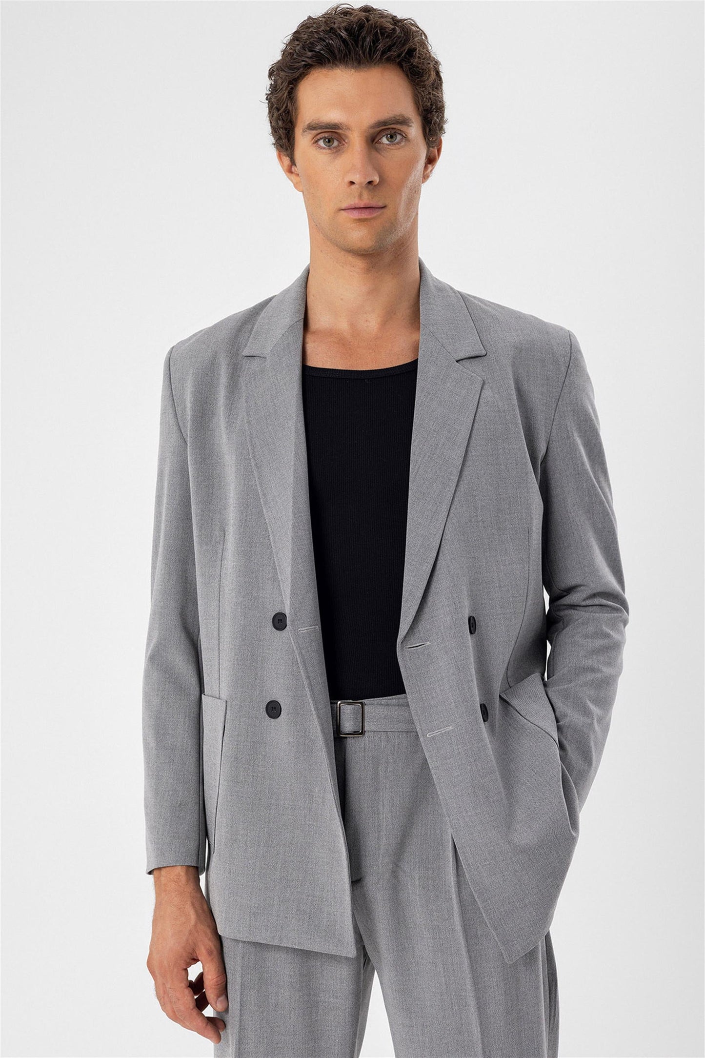 KOALA SYDNEY Men's Grey Double Breasted Blazer Jacket with Bag Pocket