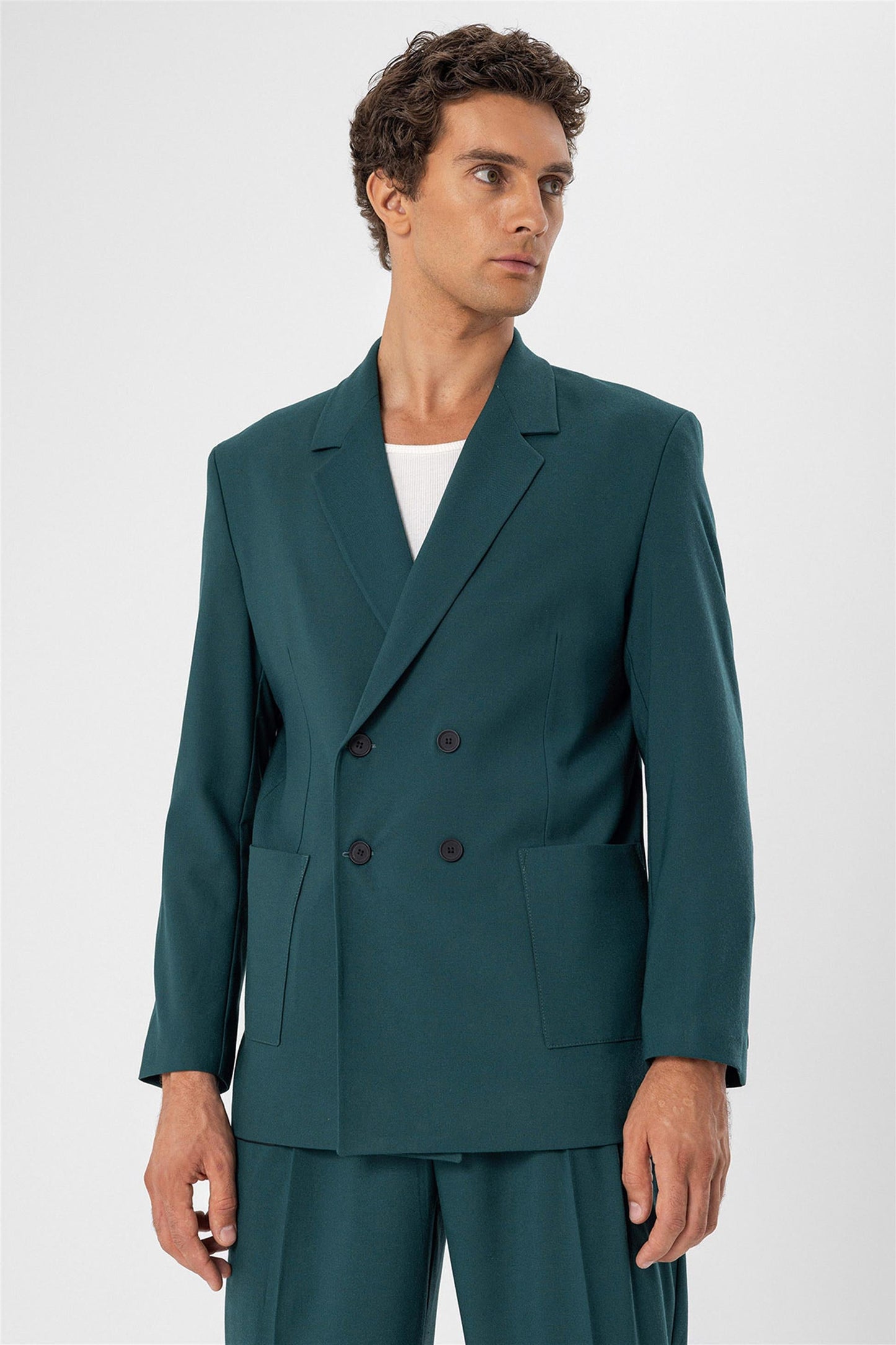 Men's Green Double Breasted Blazer Jacket with Bag Pocket