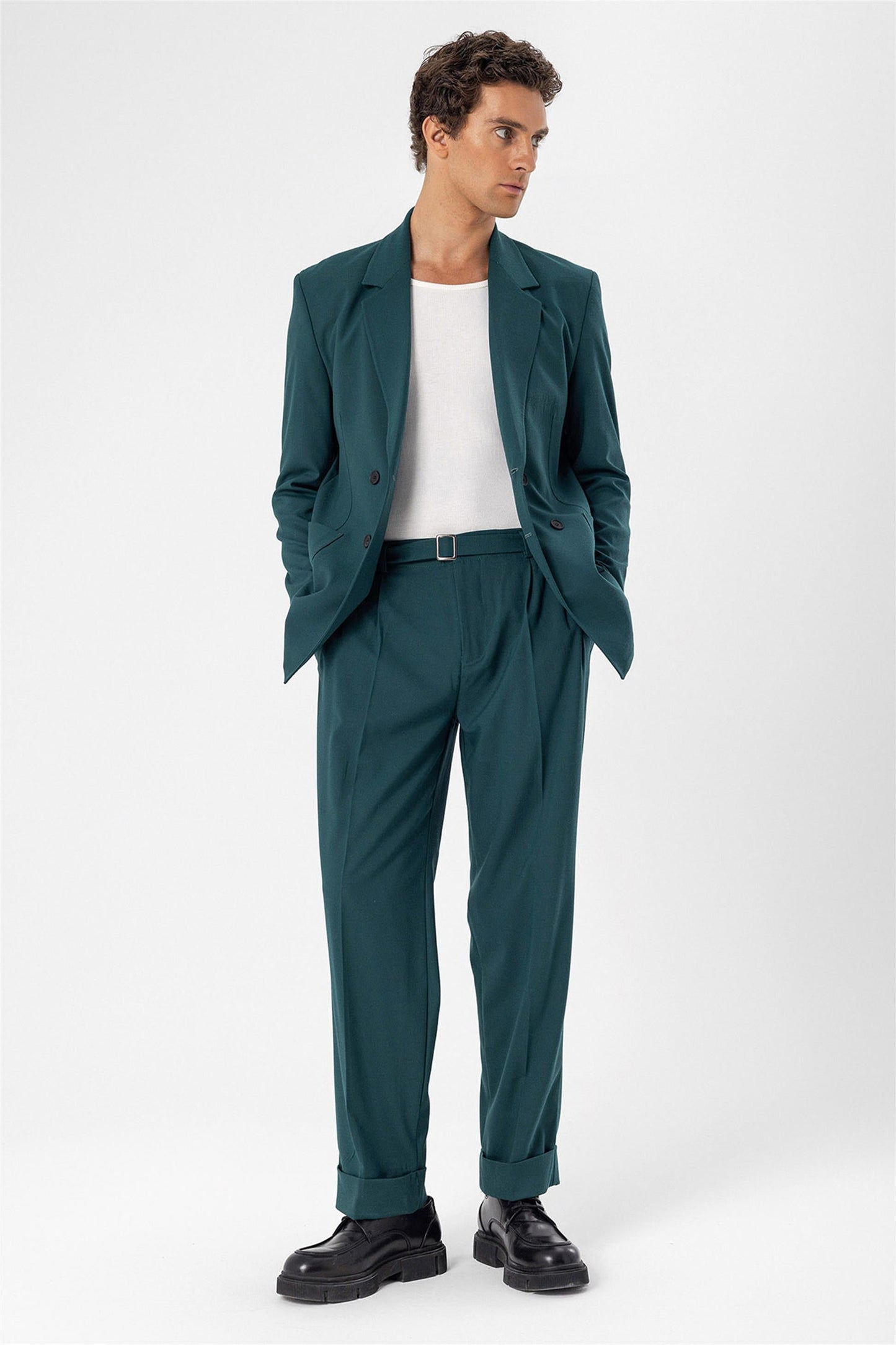 Men's Green Double Breasted Blazer Jacket with Bag Pocket