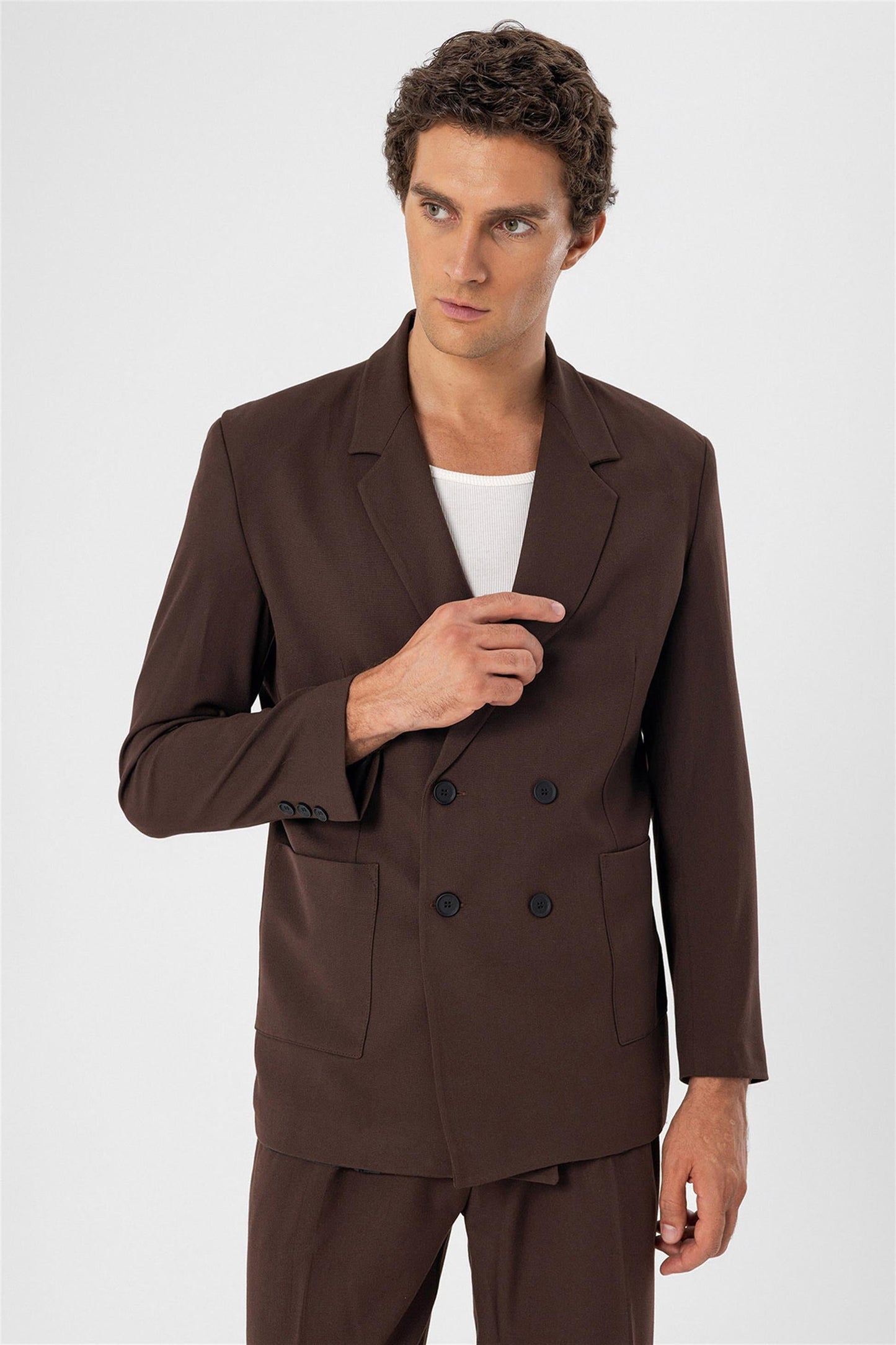 Men's Brown Double Breasted Blazer Jacket with Bag Pocket