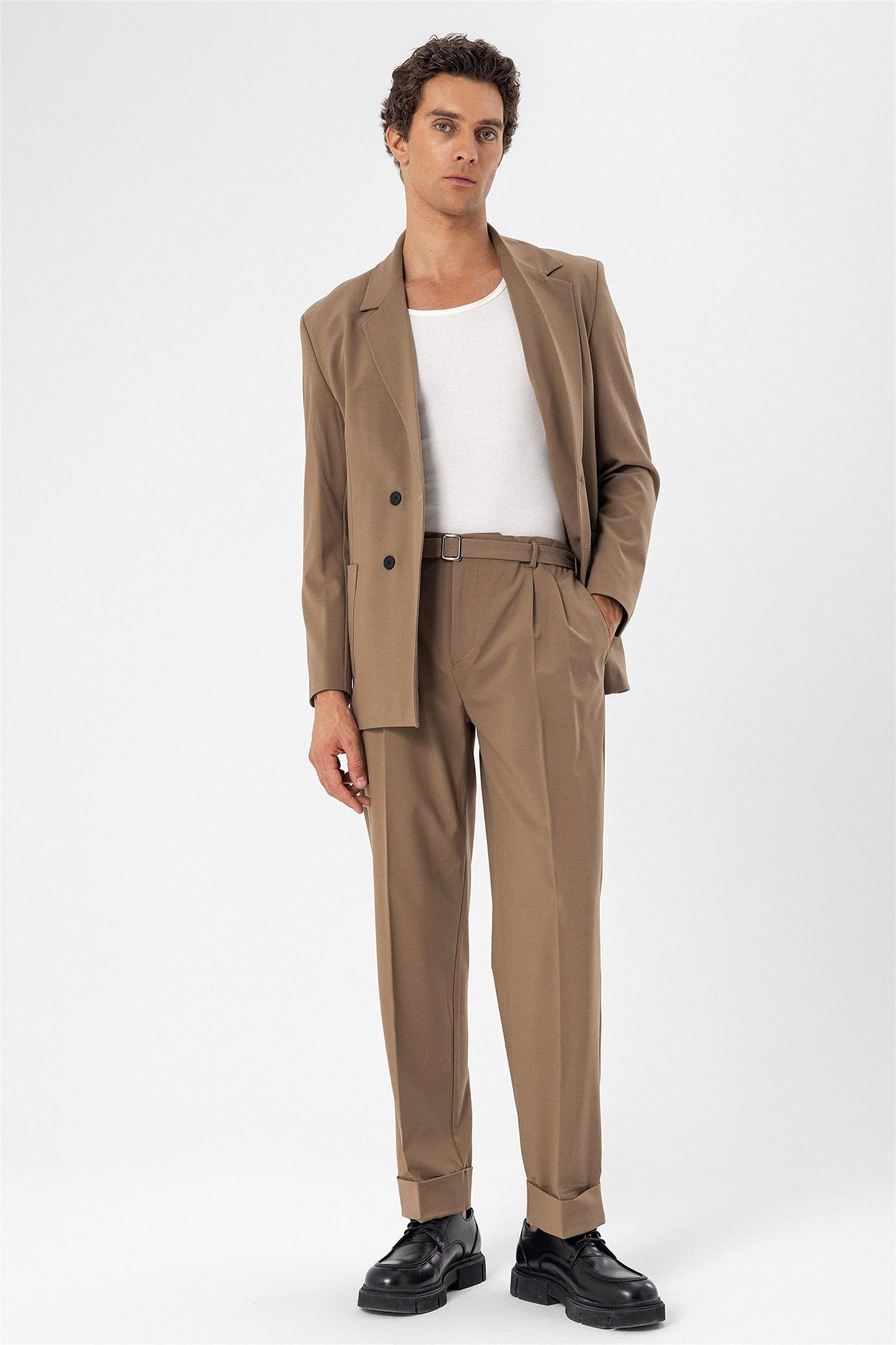 KOALA SYDNEY Men's Camel Double Breasted Blazer Jacket with Bag Pocket