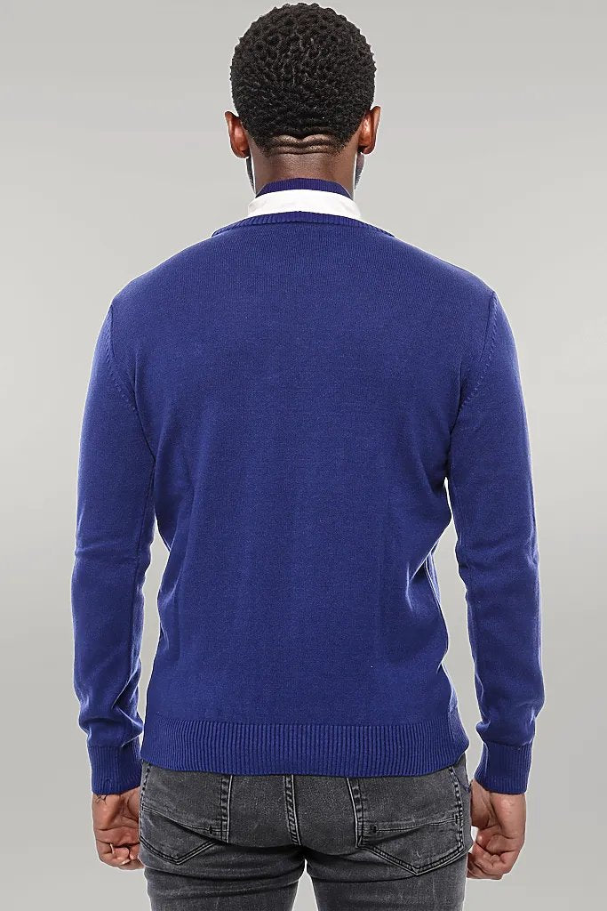 Navy Blue Crew Neck Embroidered Plain Knitwear - Wessi