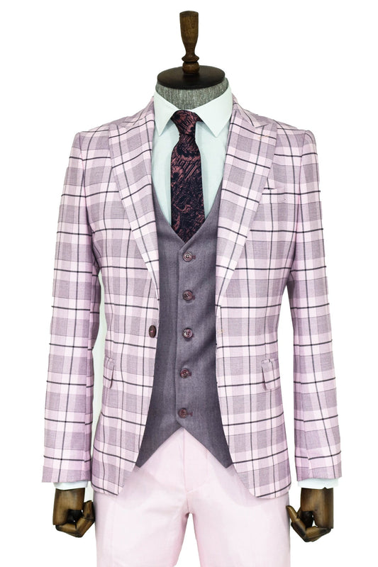 Checked Slim Fit Pink Men Suit and Shirt Combination -