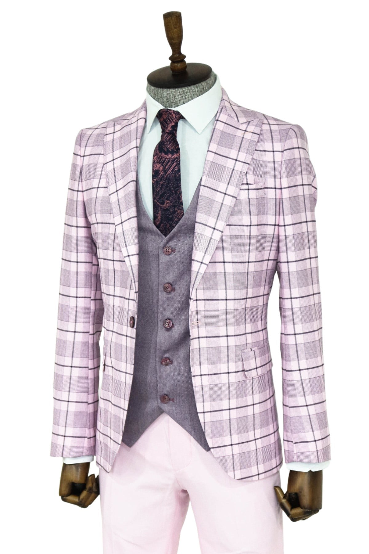 Checked Slim Fit Pink Men Suit and Shirt Combination -