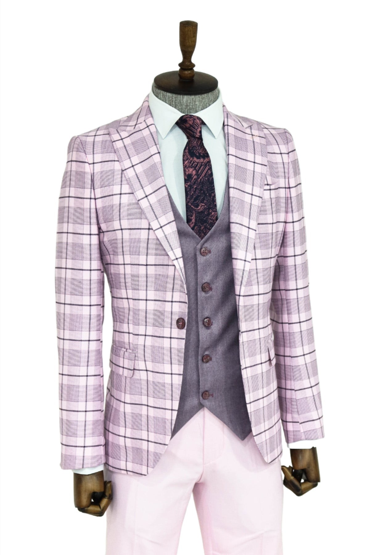 Checked Slim Fit Pink Men Suit and Shirt Combination -