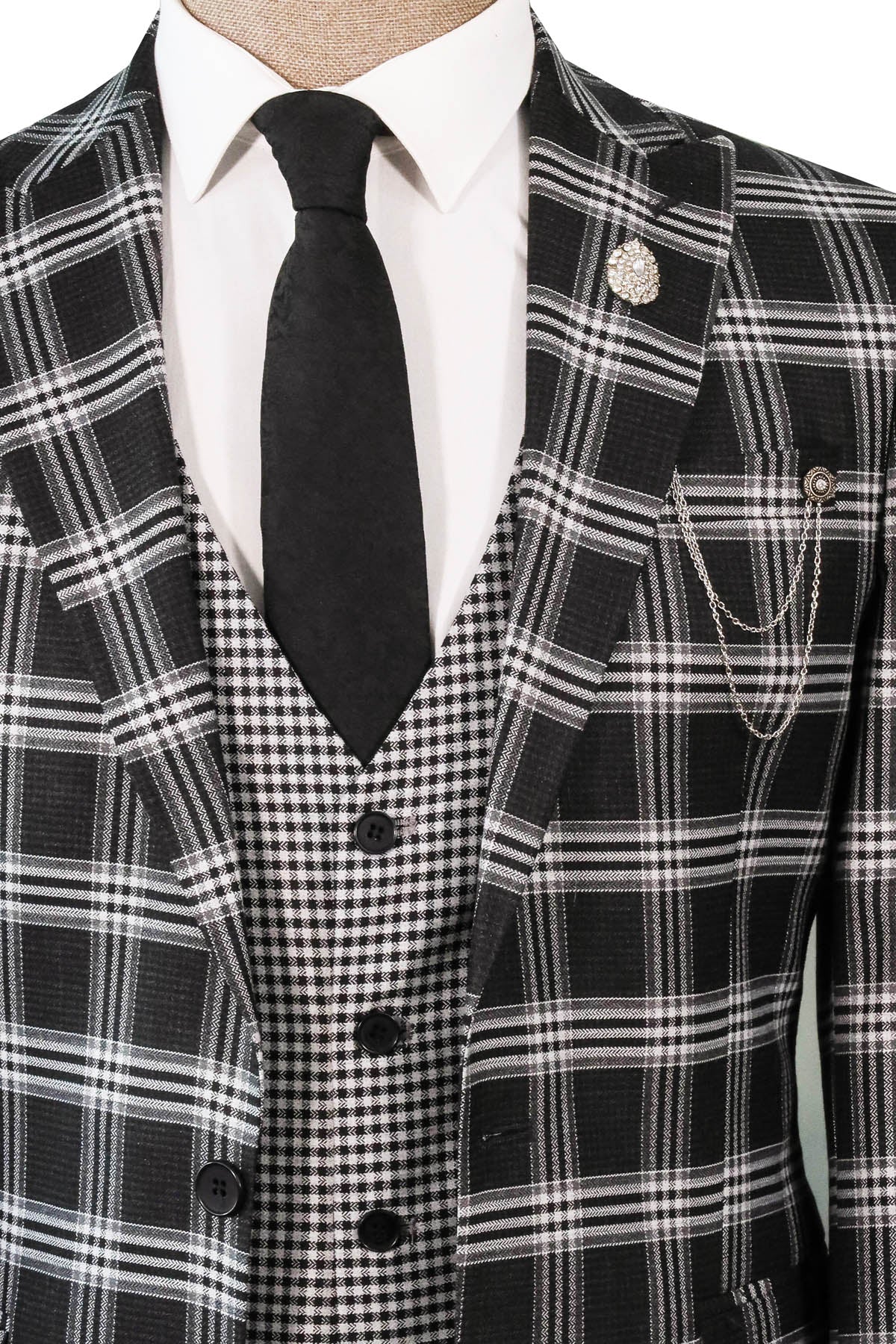 KOALA SYDNEY Black Plaid Patterned Vest Suit, White Shirt, and Black Tie Combination - Prestigious Business Style -