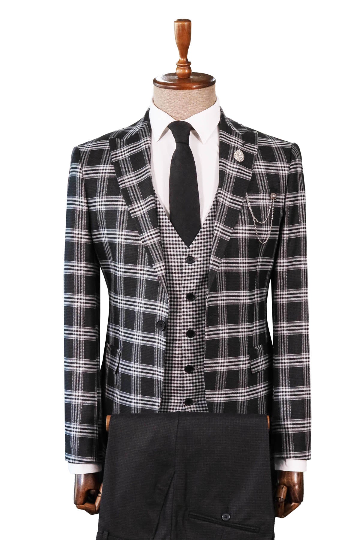 KOALA SYDNEY Black Plaid Patterned Vest Suit, White Shirt, and Black Tie Combination - Prestigious Business Style -