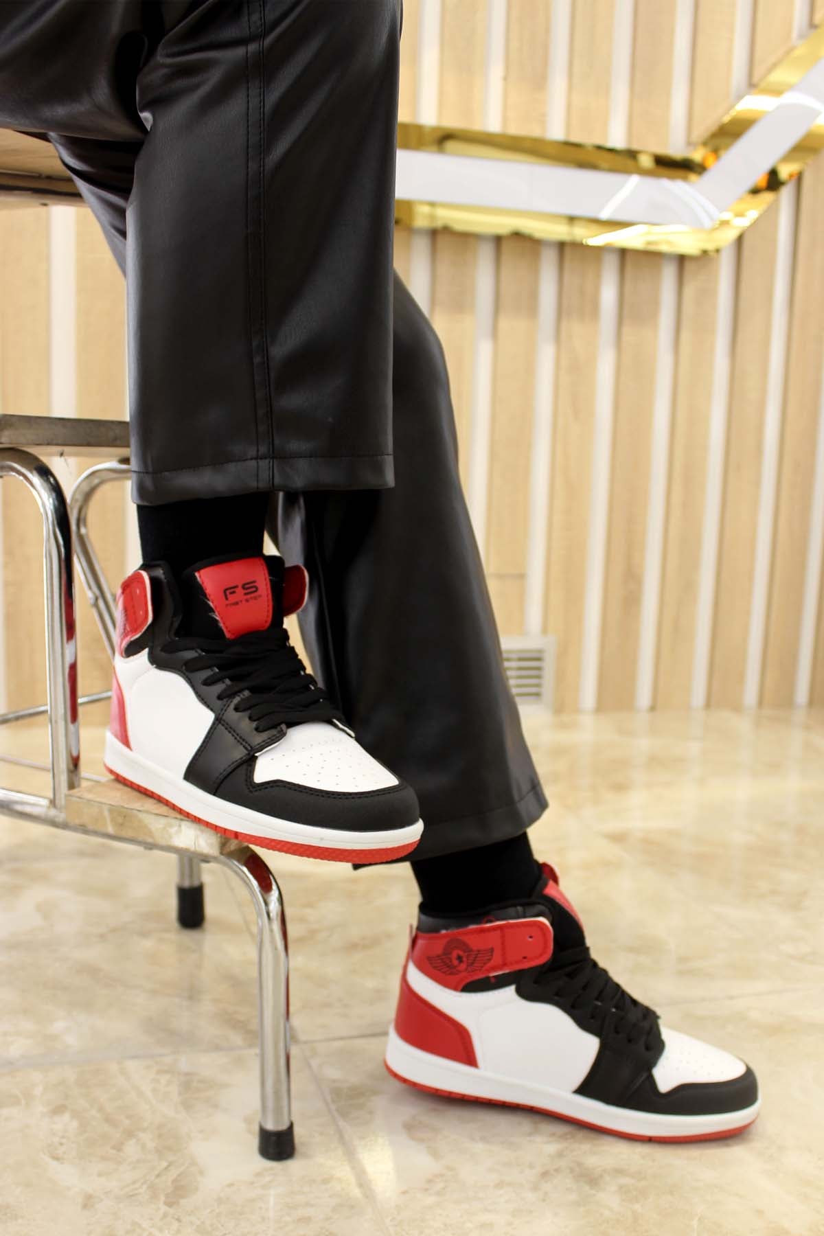 Men's High-Top Sneakers in Black, White, and Red Colorway