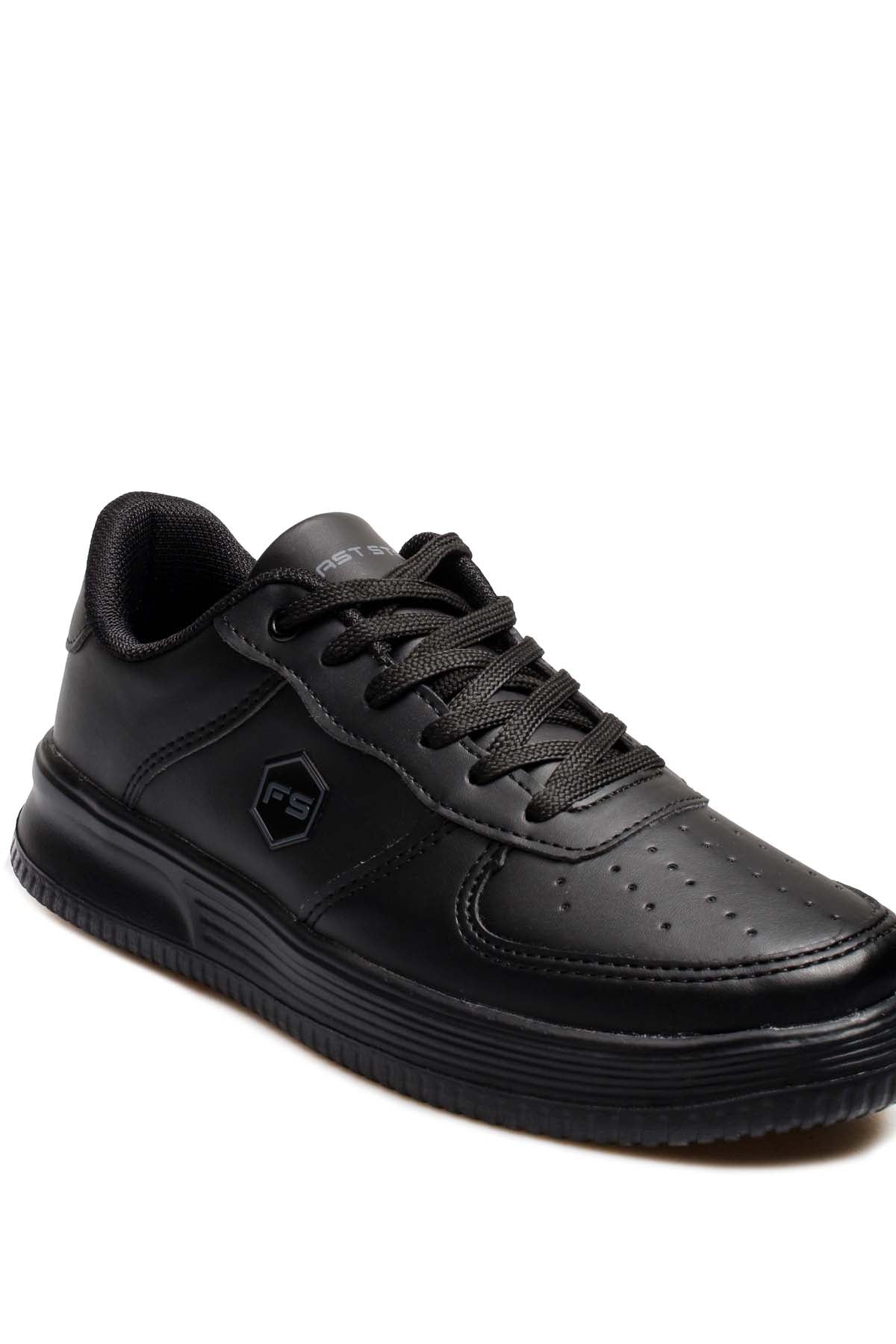 Men's Black Leather Low-Top Sneakers with Perforated Design