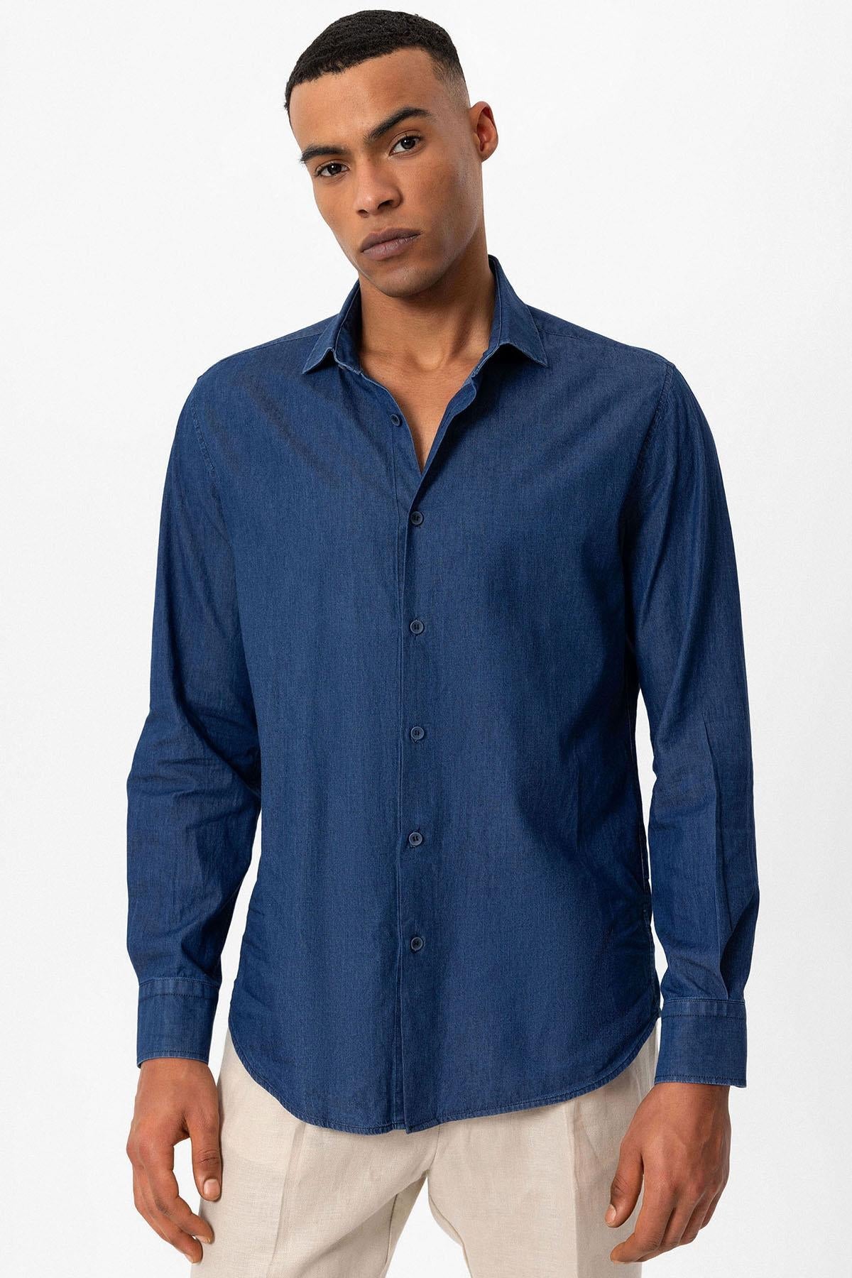 Men's Navy Blue Long-Sleeve Denim Shirt