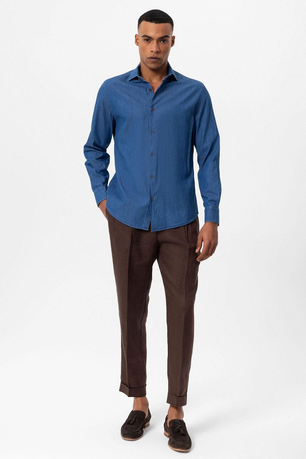 Men's Blue Long-Sleeve Denim Shirt