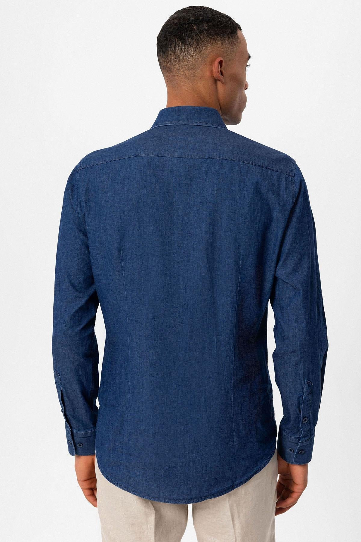 Men's Navy Blue Long-Sleeve Denim Shirt