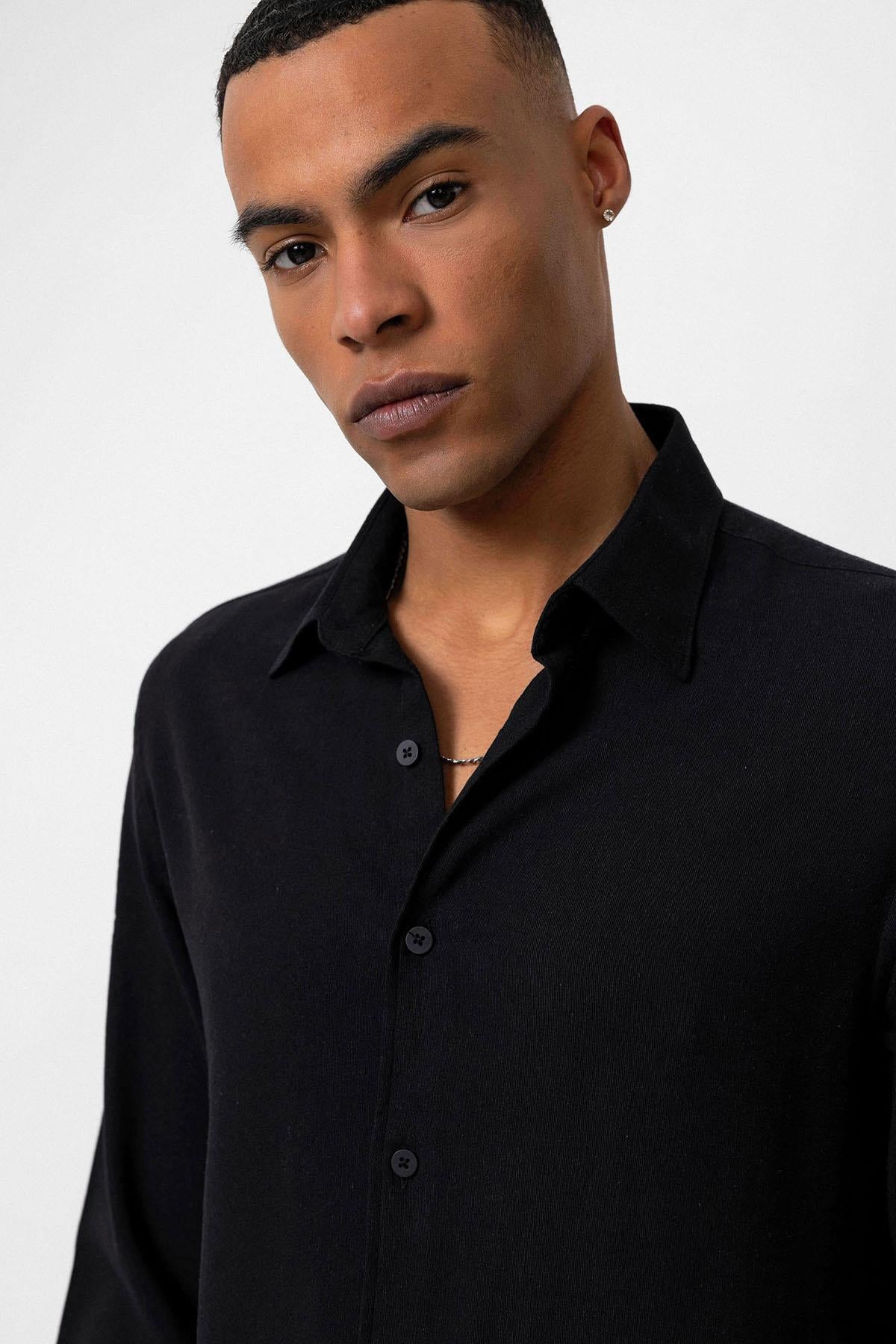 Men's Black Long Sleeve Linen Shirt