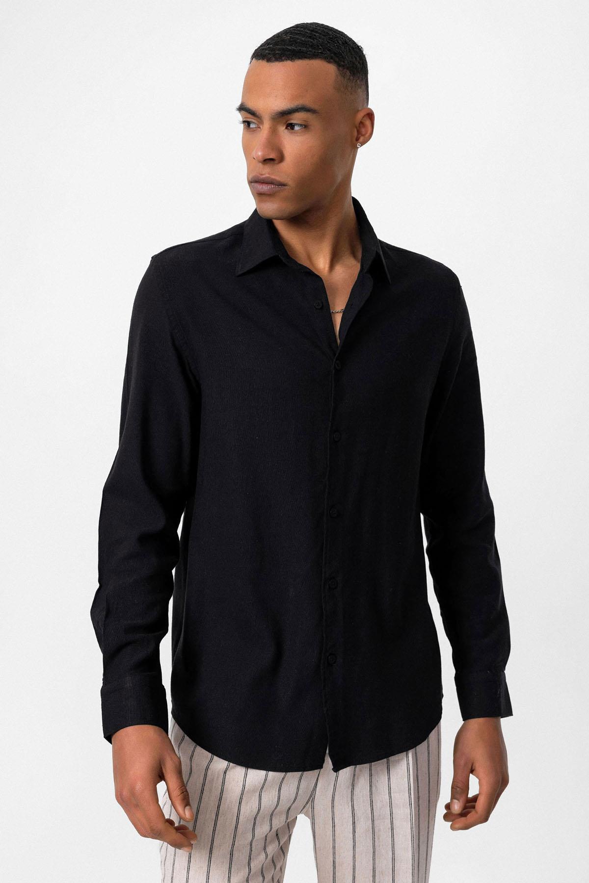 Men's Black Long Sleeve Linen Shirt