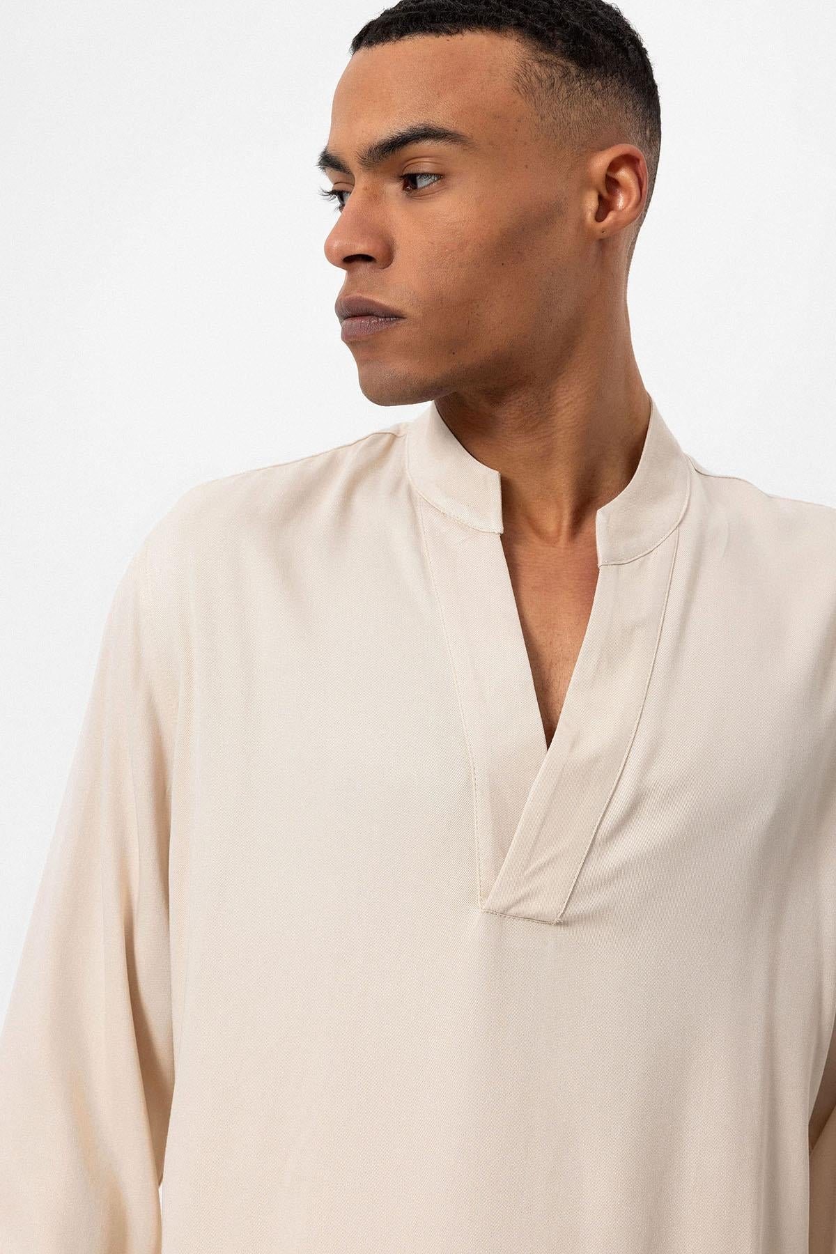 Men's Light Beige V-Neck Long Sleeve Shirt