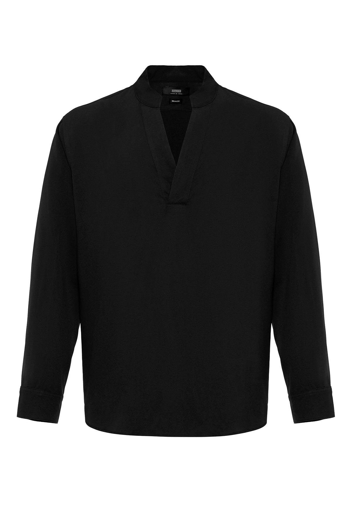 Men's Black V-Neck Long Sleeve Shirt -