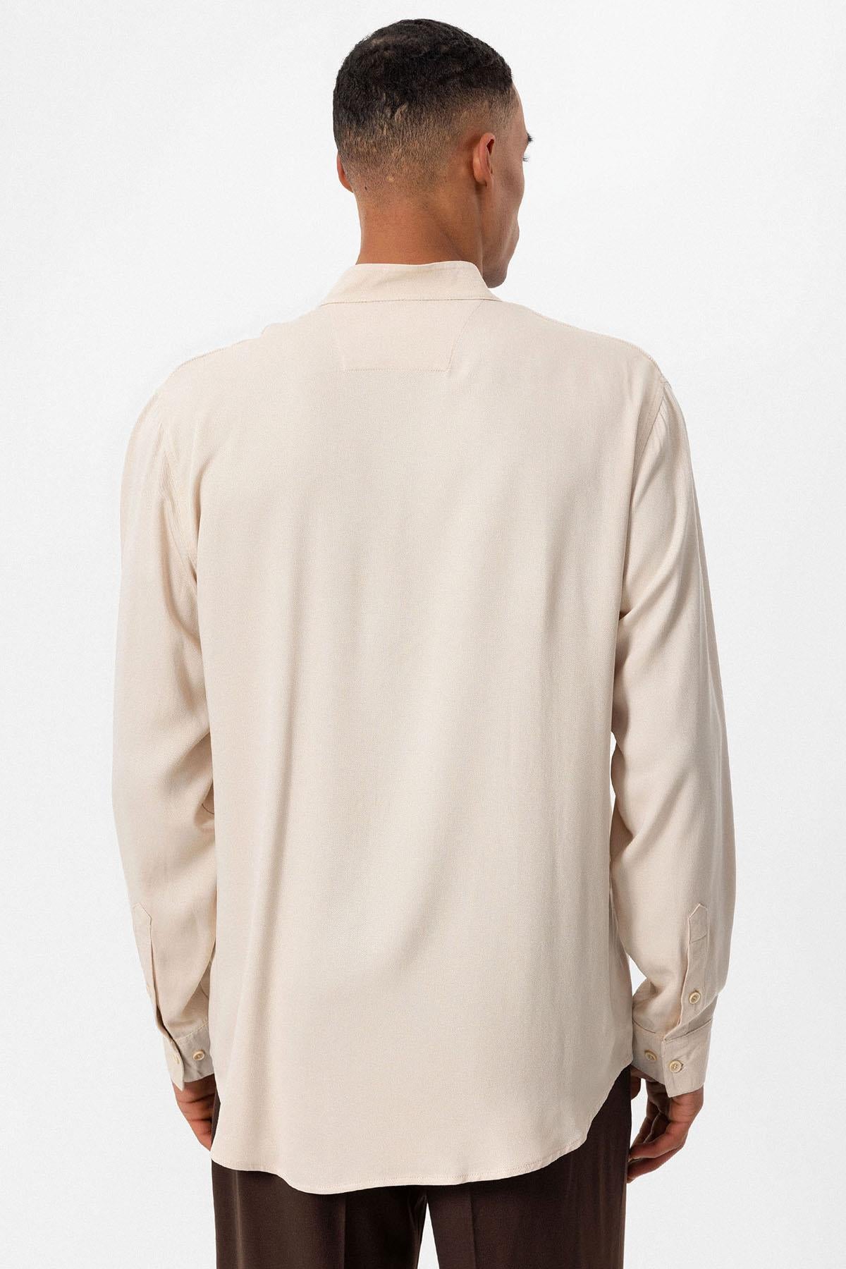 Men's Light Beige V-Neck Long Sleeve Shirt