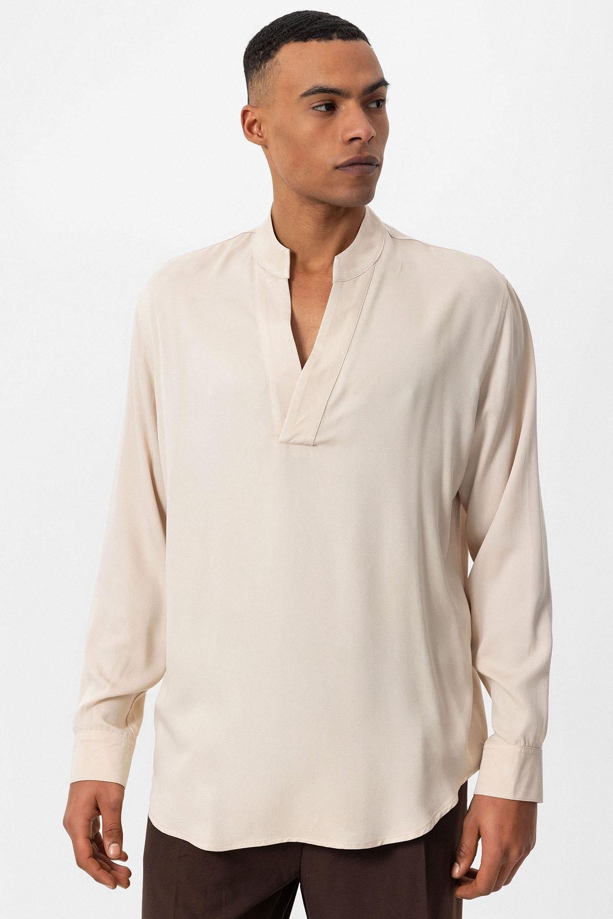 Men's Light Beige V-Neck Long Sleeve Shirt