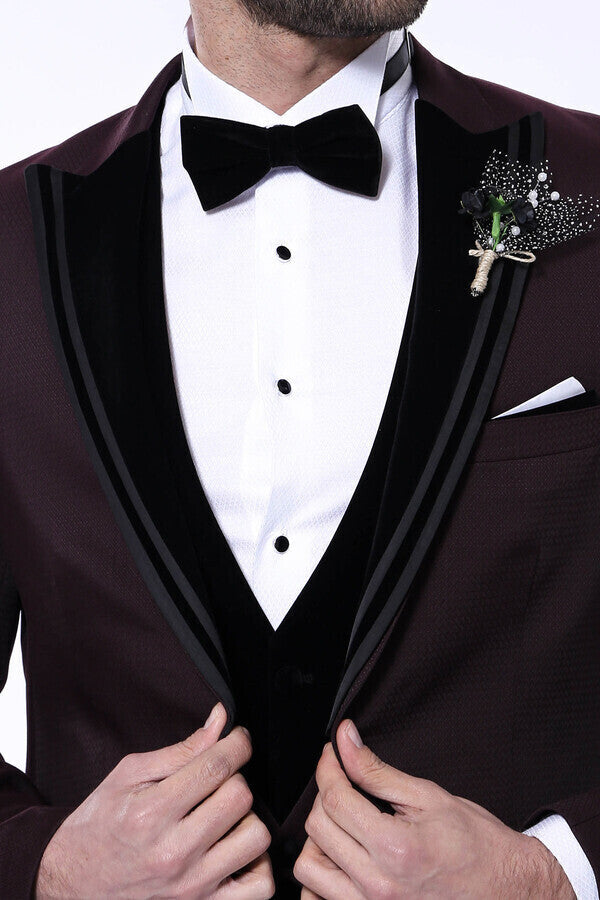 KOALA SYDNEY Velvet Collar Patterned Burgundy Tuxedo -