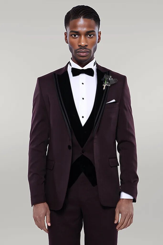 KOALA SYDNEY Velvet Collar Patterned Burgundy Tuxedo -