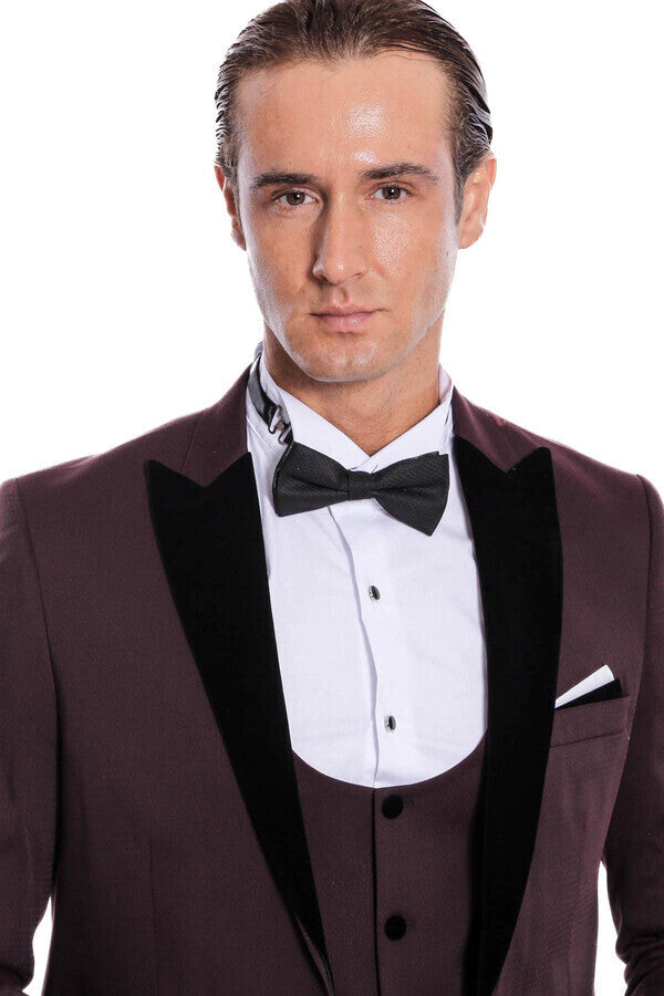 Velvet Lapel Slim Fit Burgundy Men Tuxedo