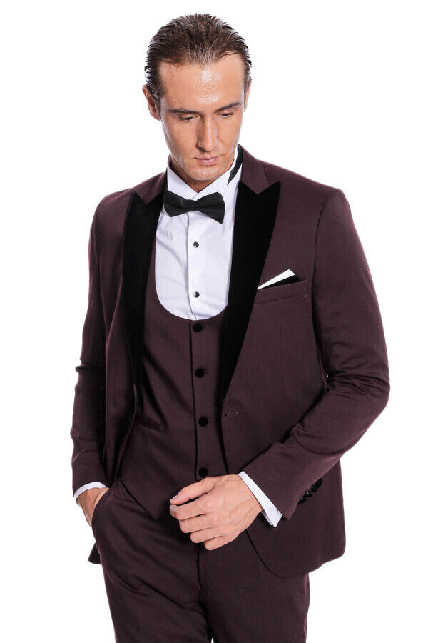 Velvet Lapel Slim Fit Burgundy Men Tuxedo