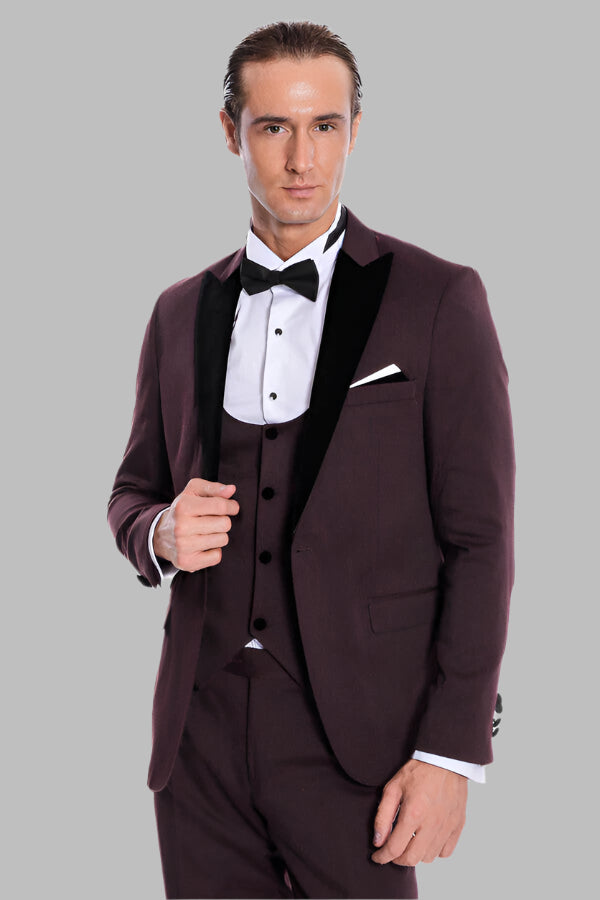 Velvet Lapel Slim Fit Burgundy Men Tuxedo