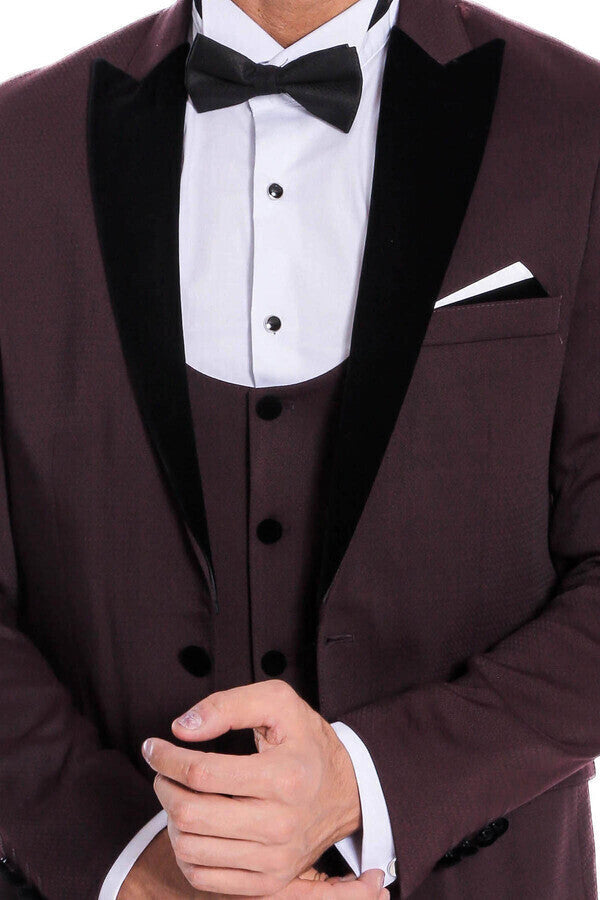 Velvet Lapel Slim Fit Burgundy Men Tuxedo