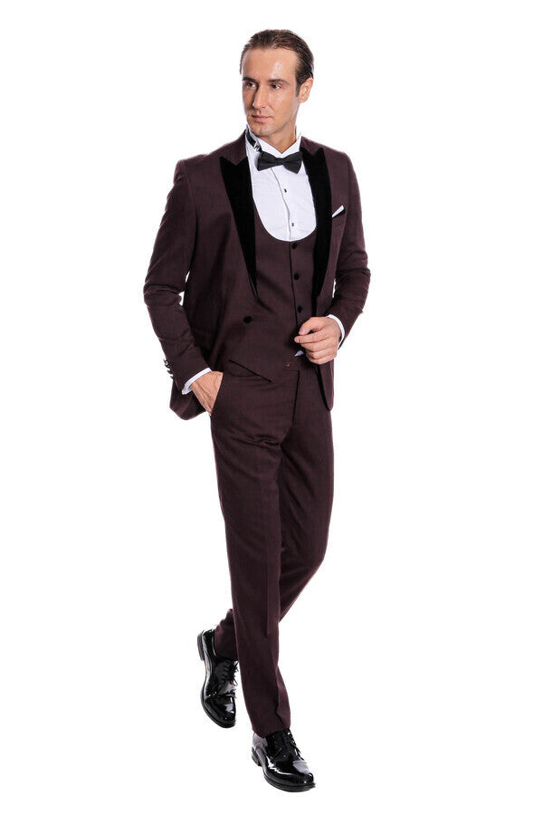 Velvet Lapel Slim Fit Burgundy Men Tuxedo
