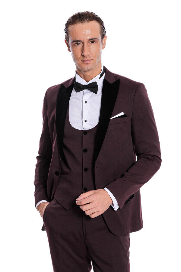 Velvet Lapel Slim Fit Burgundy Men Tuxedo